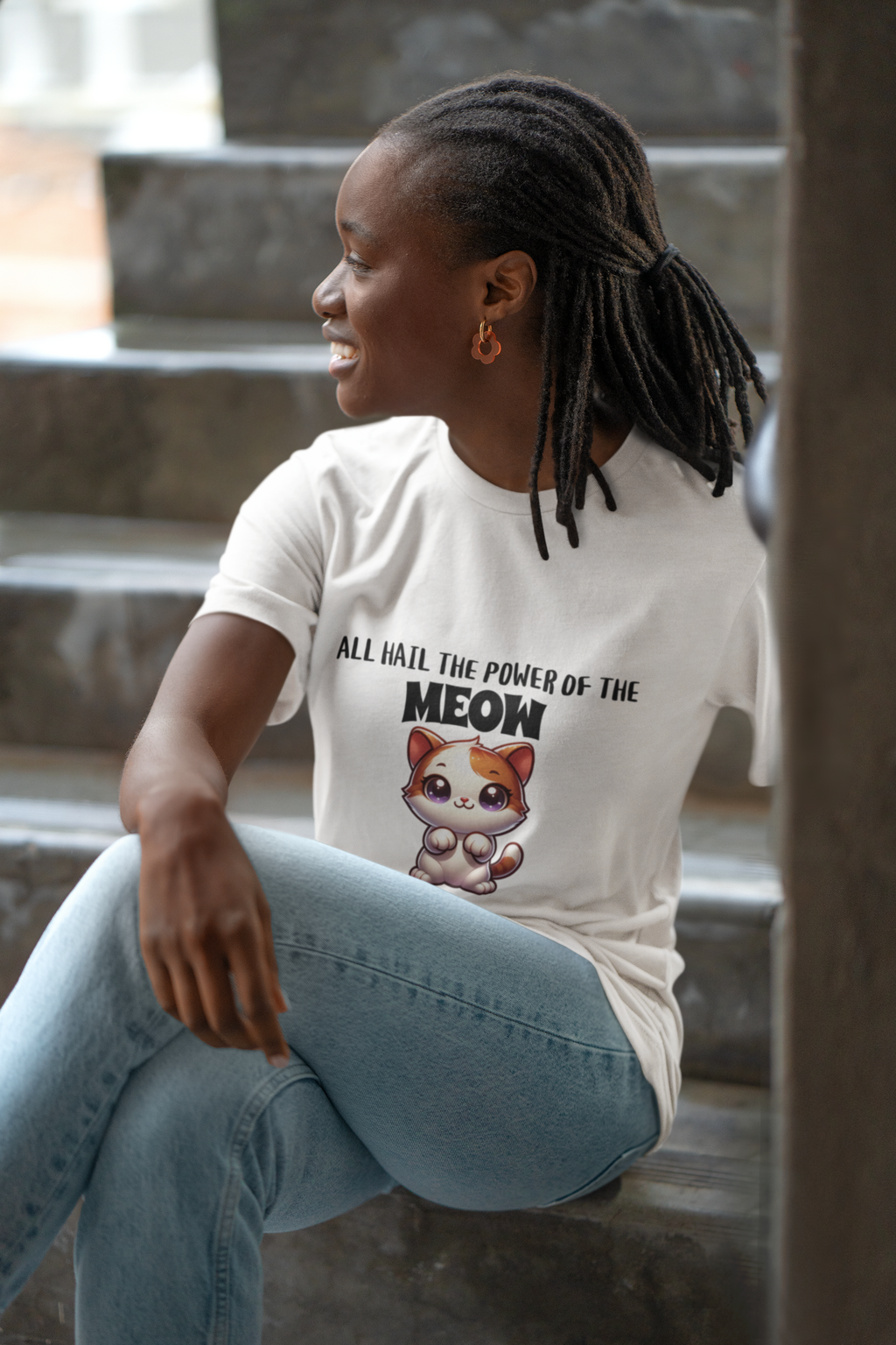 Woman wearing cat graphic tee – Kitty Crush All Hail The Meow shirt
