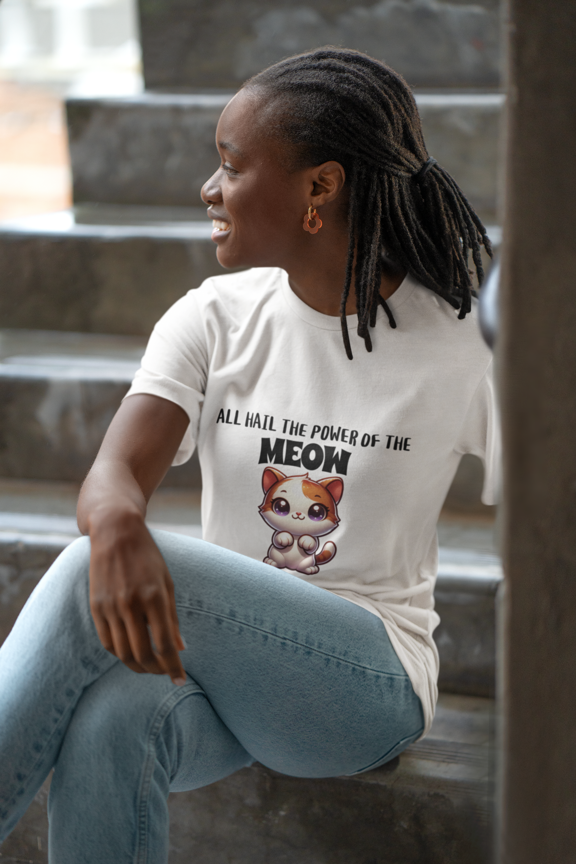 Woman wearing cat graphic tee – Kitty Crush All Hail The Meow shirt
