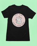 A black T-shirt with a graphic of a cat and the text 'YOU CAN CATCH THESE PAWS' on the front.