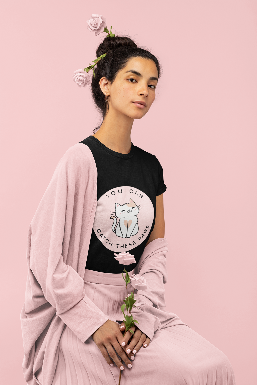 Woman wearing cat graphic tee – Kitty Crush Catch These Paws shirt
