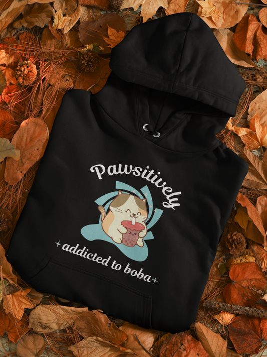 Cute cat-themed hoodie with an adorable kitty sipping boba tea and the phrase “Addicted to Boba” — ideal gift for boba and cat lovers | Kitty Crush