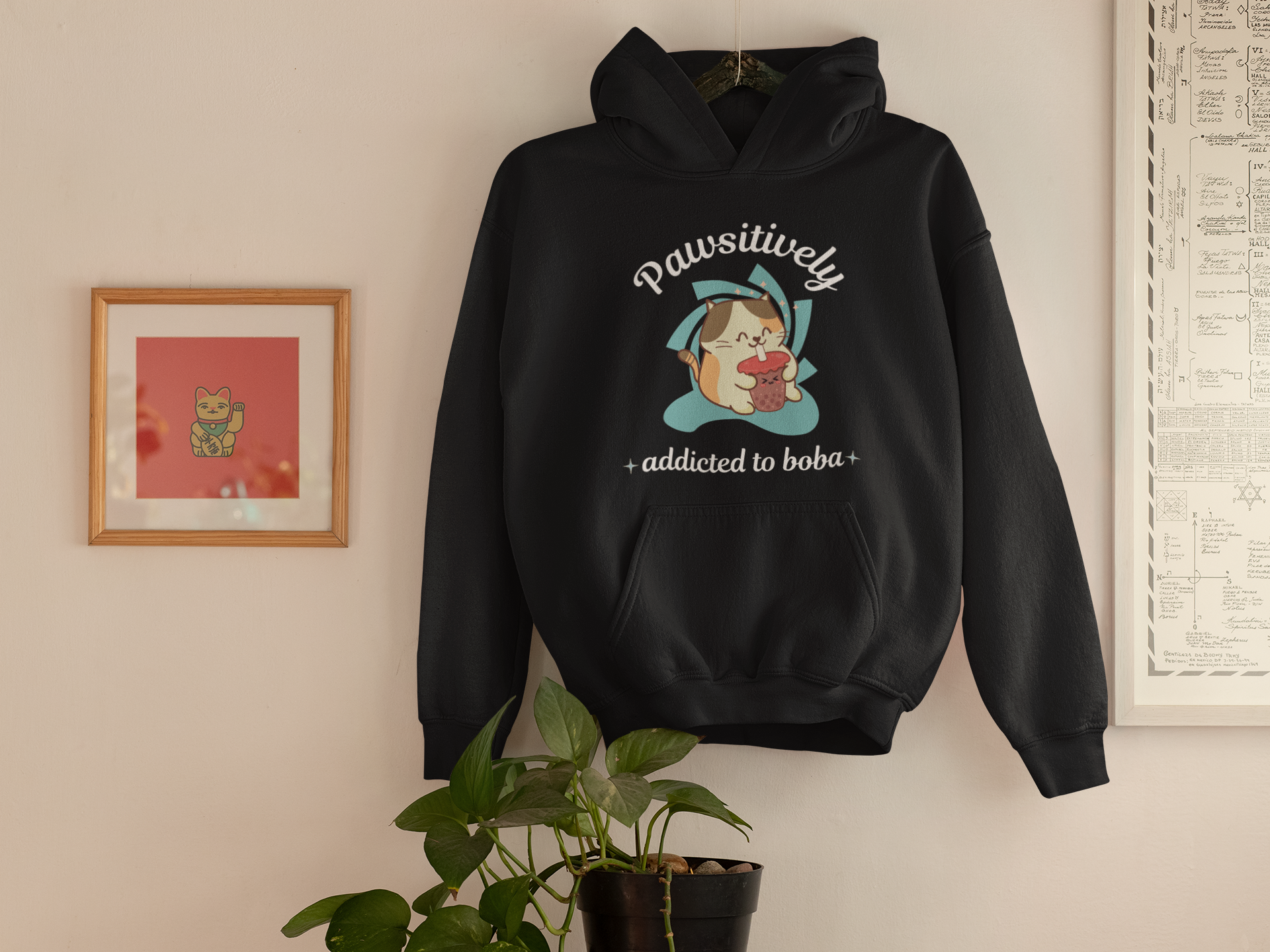 Cute cat-themed hoodie with an adorable kitty sipping boba tea and the phrase “Addicted to Boba” — ideal gift for boba and cat lovers | Kitty Crush