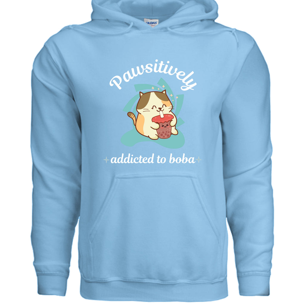 SKY - FRONT / Cute cat-themed hoodie with an adorable kitty sipping boba tea and the phrase “Addicted to Boba” — ideal gift for boba and cat lovers | Kitty Crush