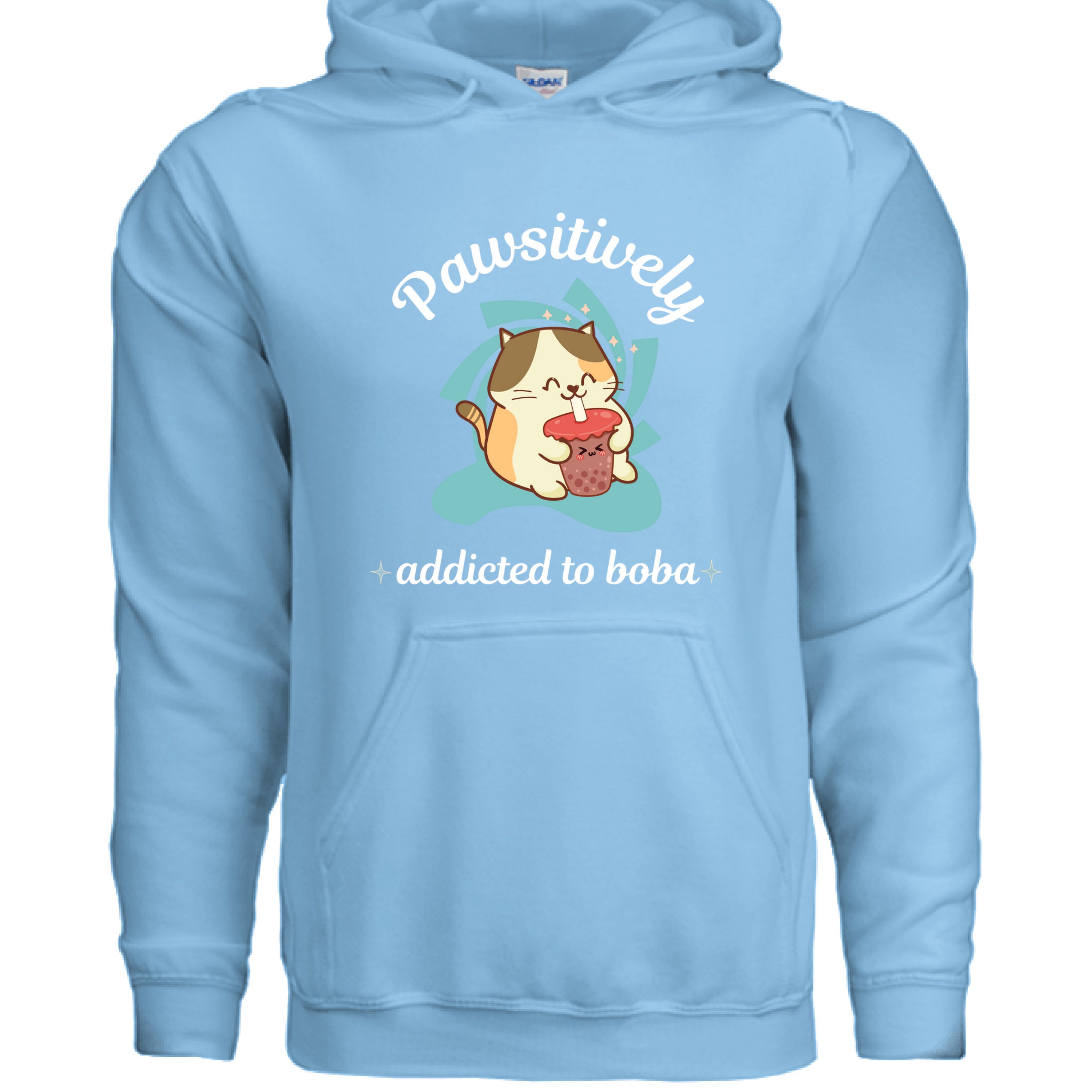 SKY - FRONT / Cute cat-themed hoodie with an adorable kitty sipping boba tea and the phrase “Addicted to Boba” — ideal gift for boba and cat lovers | Kitty Crush
