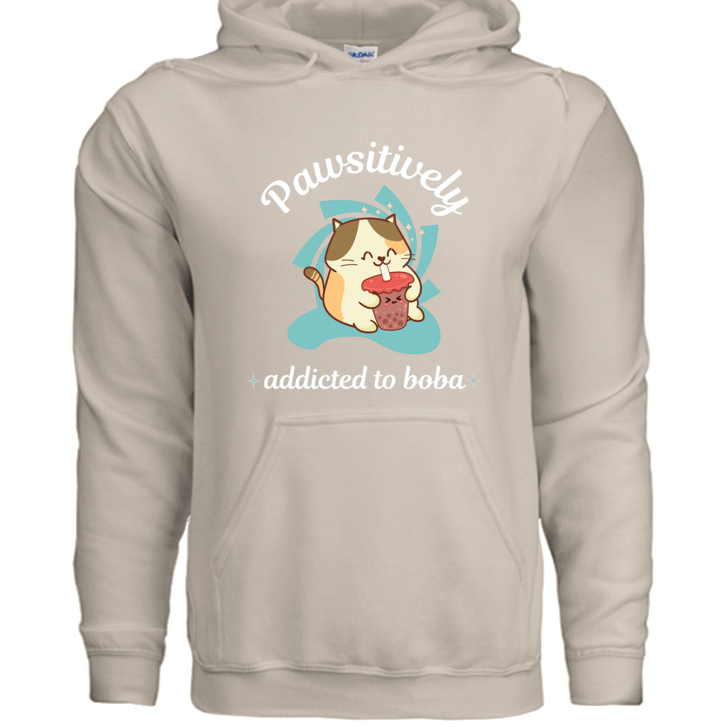 SAND - FRONT / Cute cat-themed hoodie with an adorable kitty sipping boba tea and the phrase “Addicted to Boba” — ideal gift for boba and cat lovers | Kitty Crush