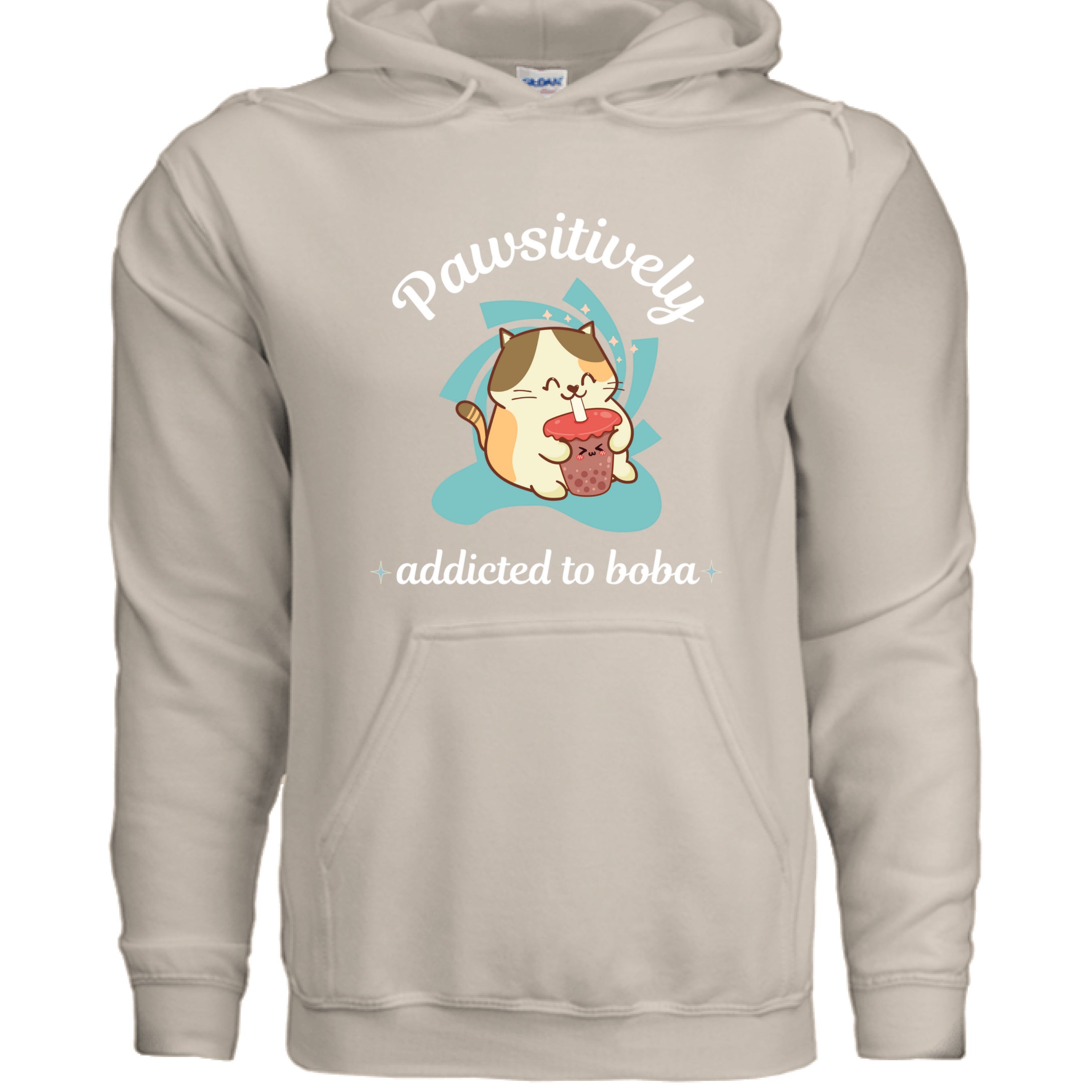 SAND - FRONT / Cute cat-themed hoodie with an adorable kitty sipping boba tea and the phrase “Addicted to Boba” — ideal gift for boba and cat lovers | Kitty Crush
