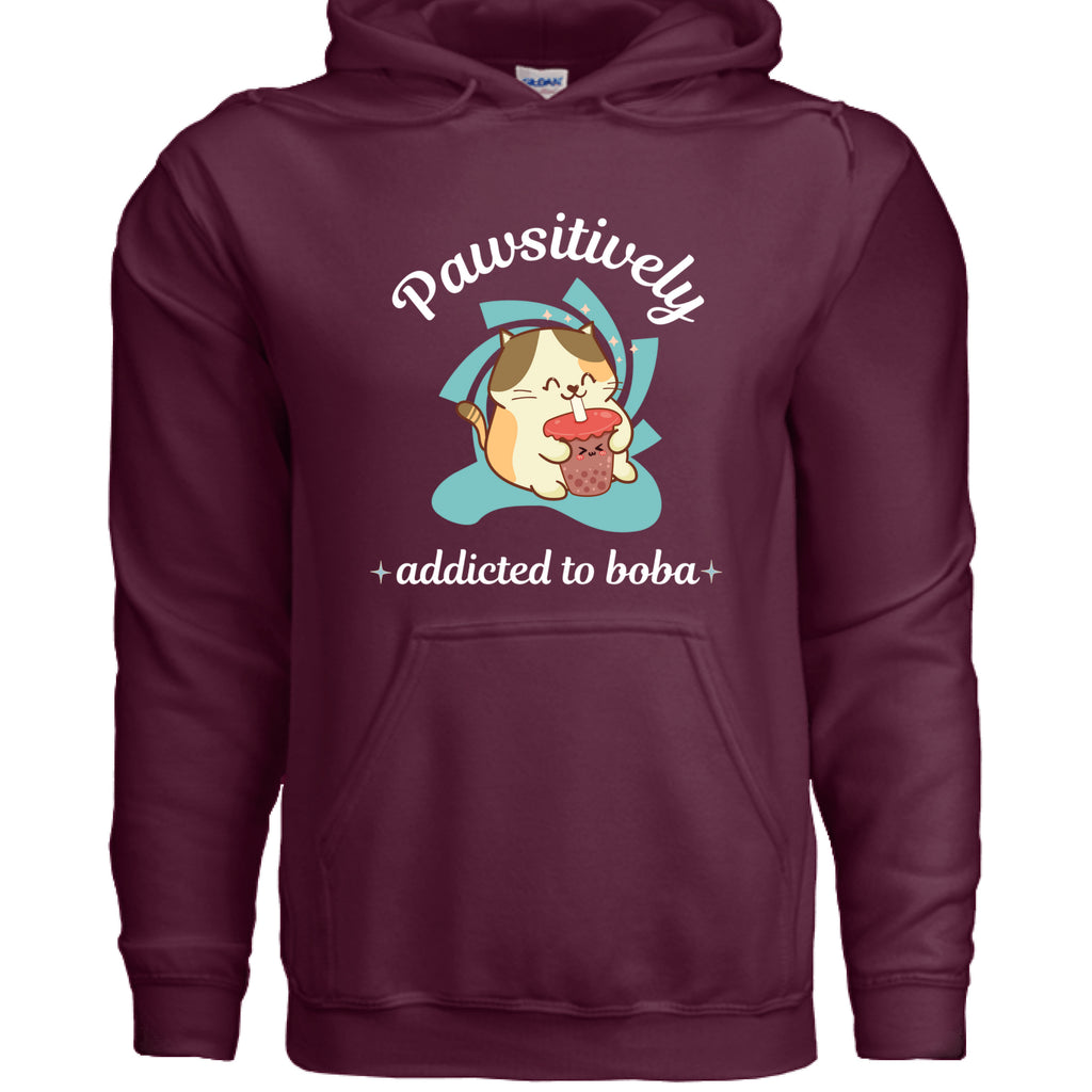 MAROON - FRONT / Cute cat-themed hoodie with an adorable kitty sipping boba tea and the phrase “Addicted to Boba” — ideal gift for boba and cat lovers | Kitty Crush