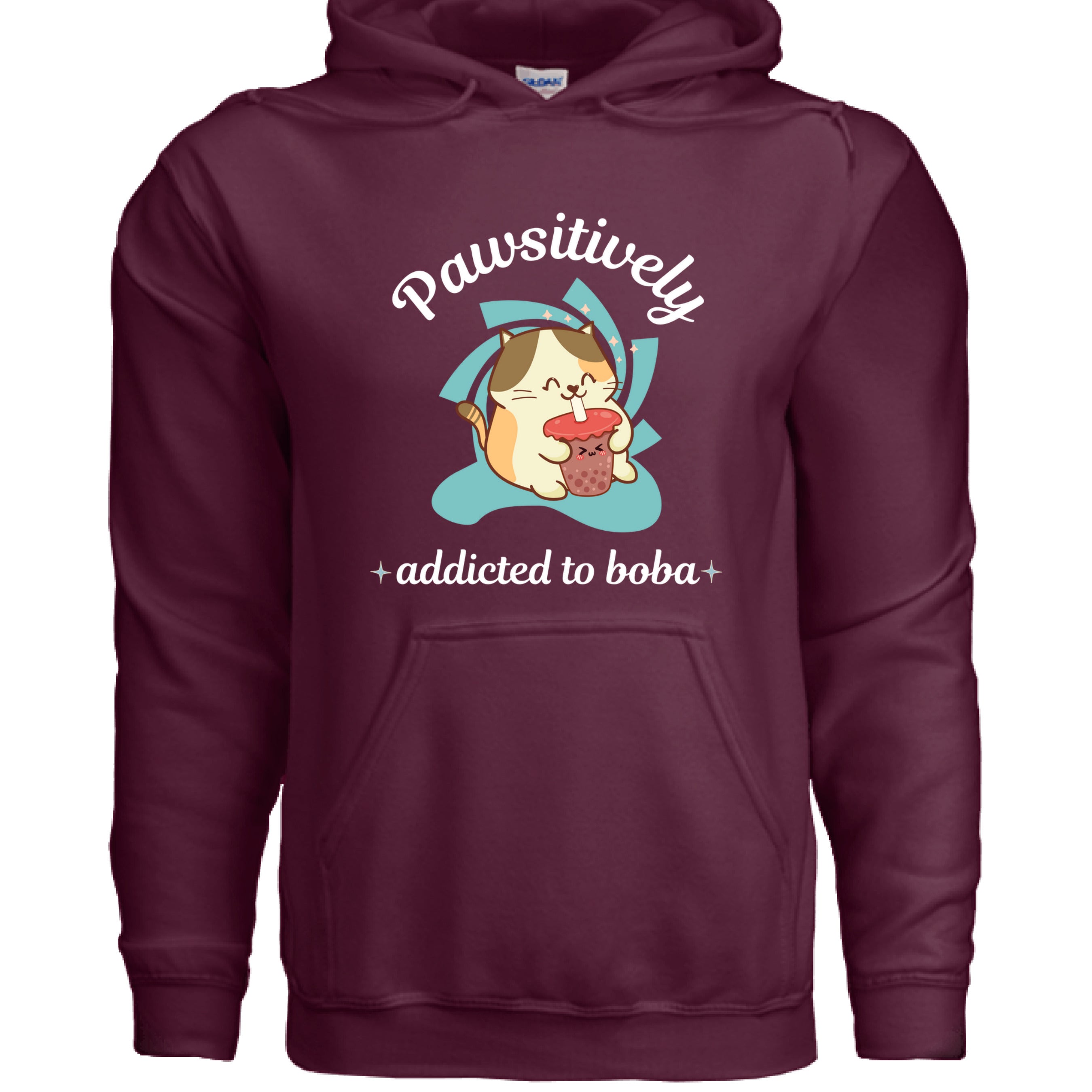 MAROON - FRONT / Cute cat-themed hoodie with an adorable kitty sipping boba tea and the phrase “Addicted to Boba” — ideal gift for boba and cat lovers | Kitty Crush