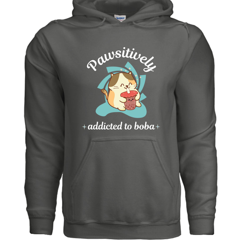 CHARCOAL - FRONT / Cute cat-themed hoodie with an adorable kitty sipping boba tea and the phrase “Addicted to Boba” — ideal gift for boba and cat lovers | Kitty Crush