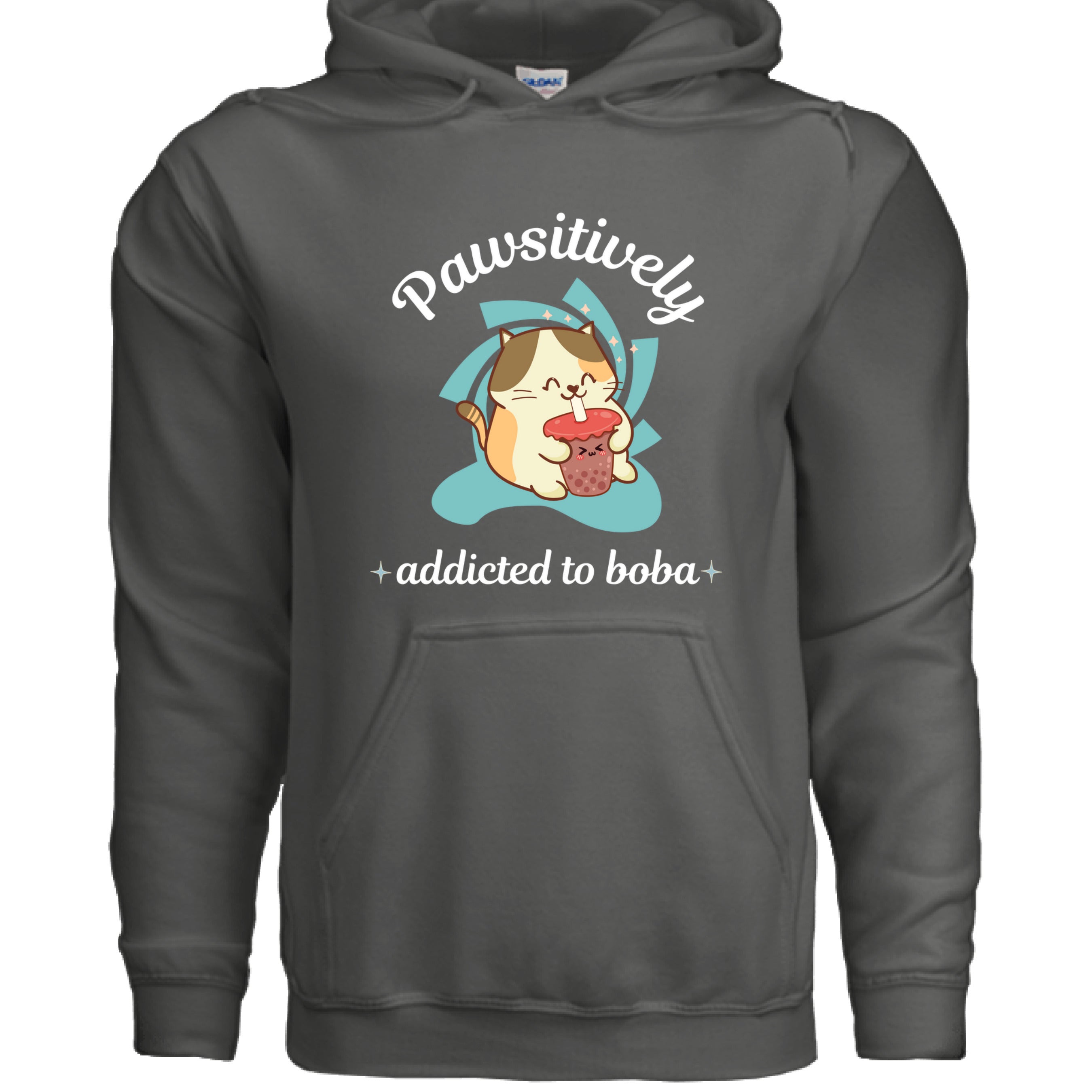 CHARCOAL - FRONT / Cute cat-themed hoodie with an adorable kitty sipping boba tea and the phrase “Addicted to Boba” — ideal gift for boba and cat lovers | Kitty Crush