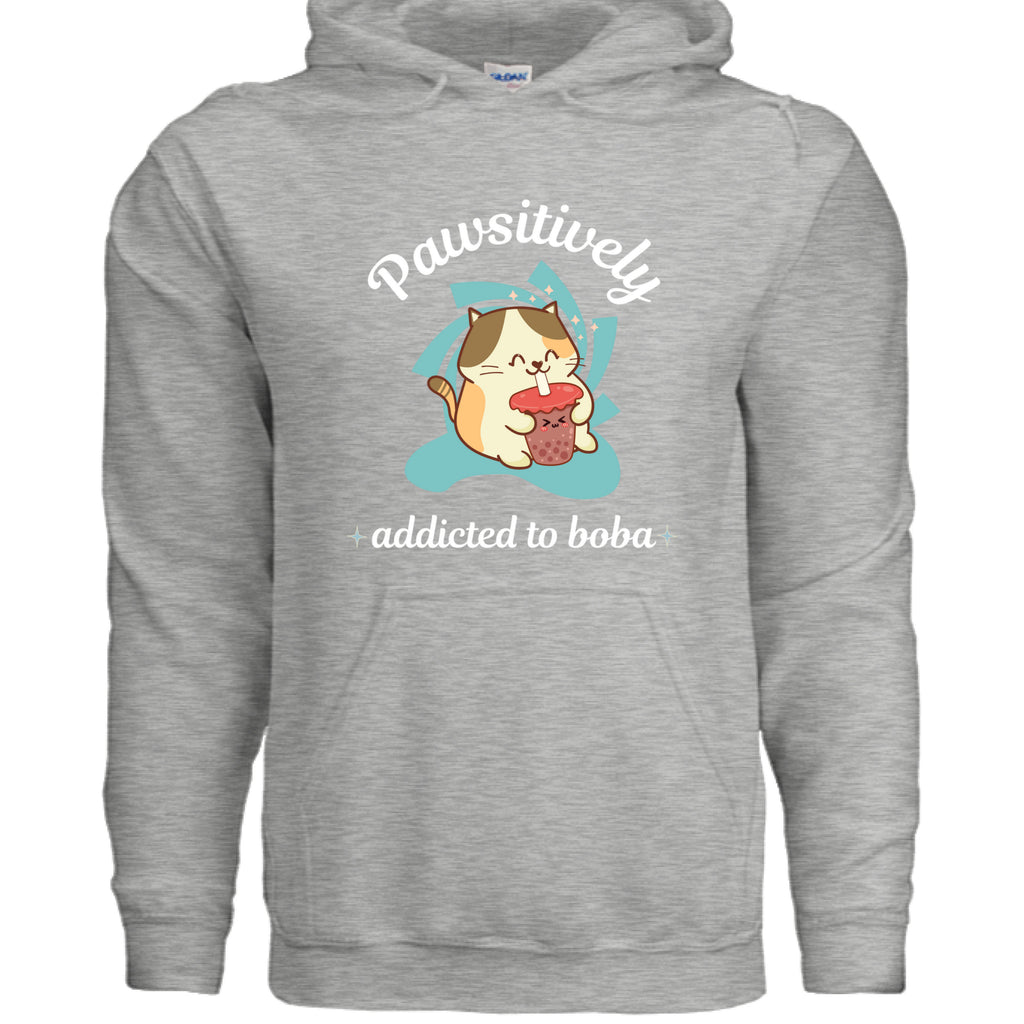 Ash Grey - FRONT / Cute cat-themed hoodie with an adorable kitty sipping boba tea and the phrase “Addicted to Boba” — ideal gift for boba and cat lovers | Kitty Crush