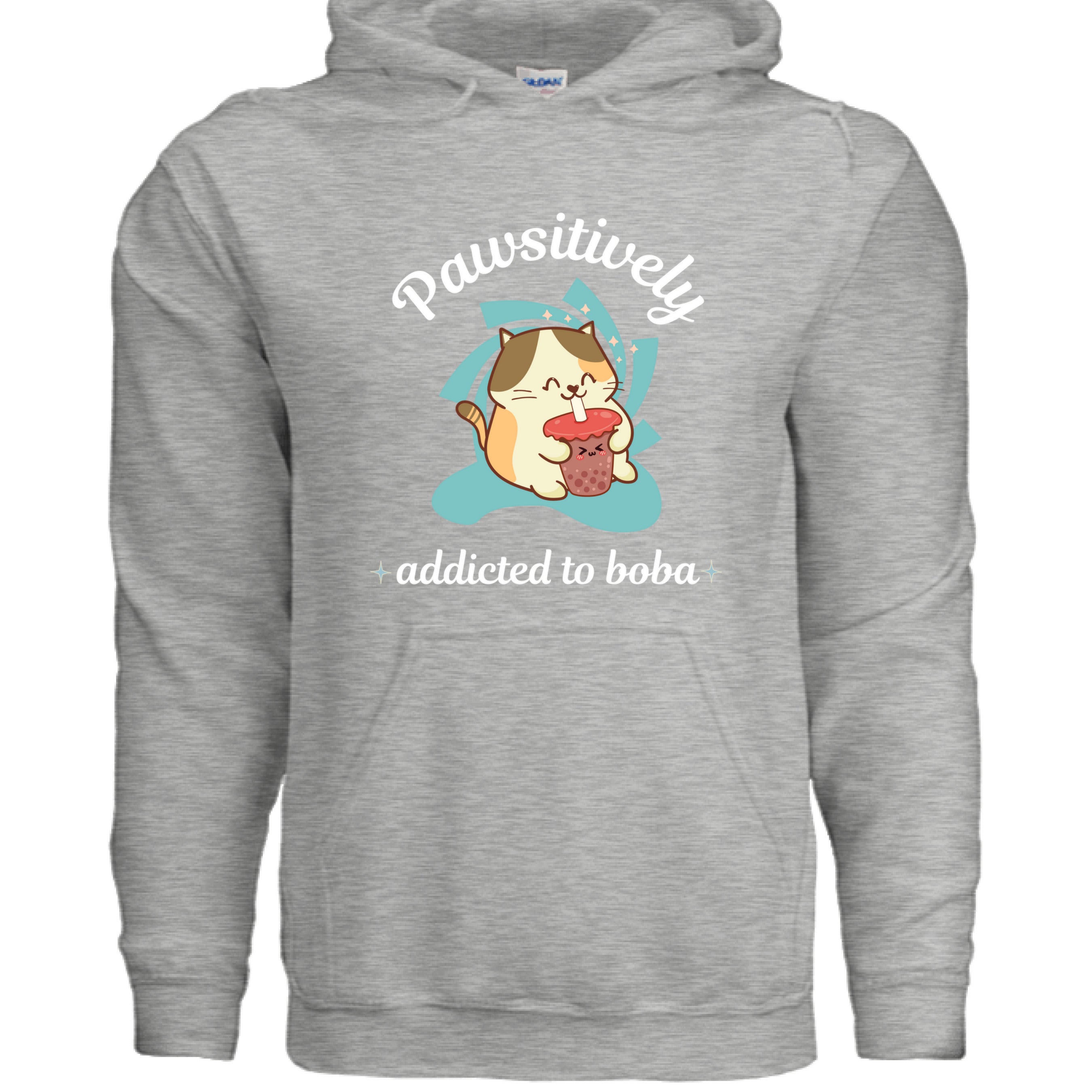 Ash Grey - FRONT / Cute cat-themed hoodie with an adorable kitty sipping boba tea and the phrase “Addicted to Boba” — ideal gift for boba and cat lovers | Kitty Crush