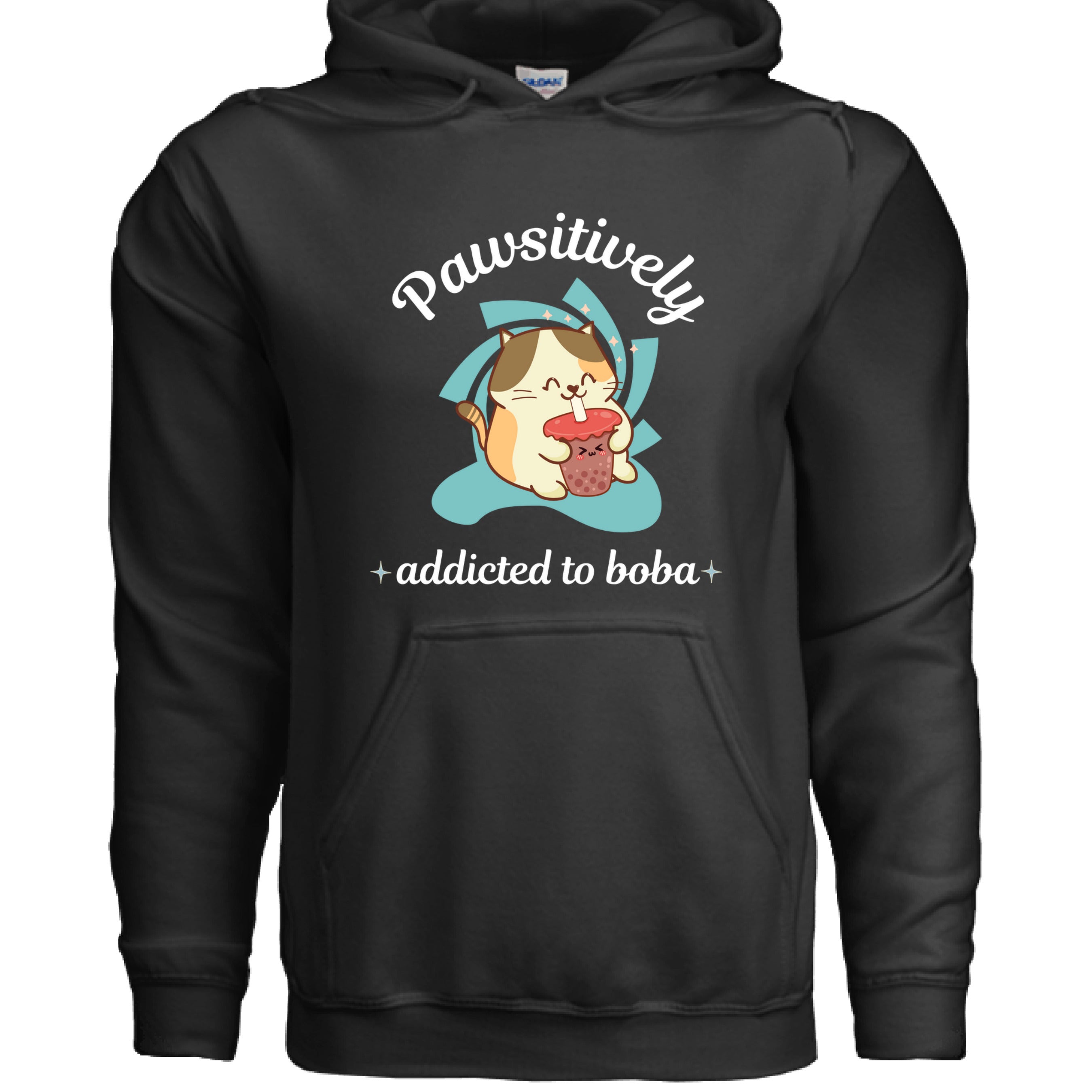 BLACK - FRONT / Cute cat-themed hoodie with an adorable kitty sipping boba tea and the phrase “Addicted to Boba” — ideal gift for boba and cat lovers | Kitty Crush
