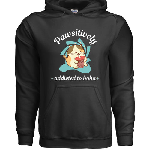 BLACK - FRONT / Cute cat-themed hoodie with an adorable kitty sipping boba tea and the phrase “Addicted to Boba” — ideal gift for boba and cat lovers | Kitty Crush