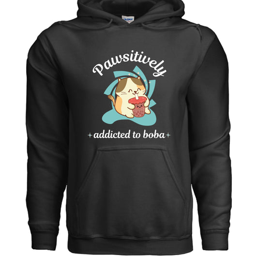 BLACK - FRONT / Cute cat-themed hoodie with an adorable kitty sipping boba tea and the phrase “Addicted to Boba” — ideal gift for boba and cat lovers | Kitty Crush