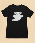 Black t-shirt with a white ghost design on a beige background