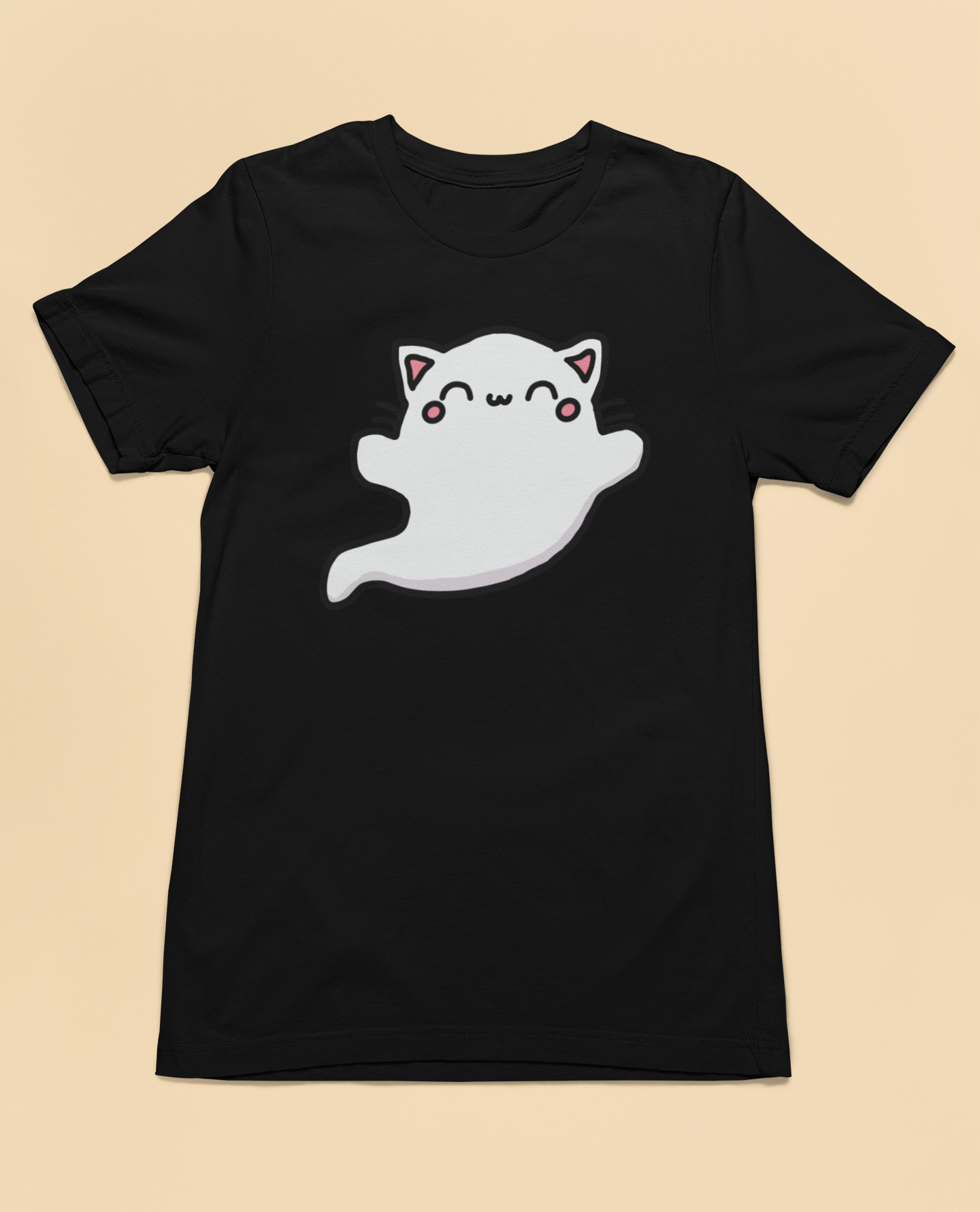 Black t-shirt with a white ghost design on a beige background