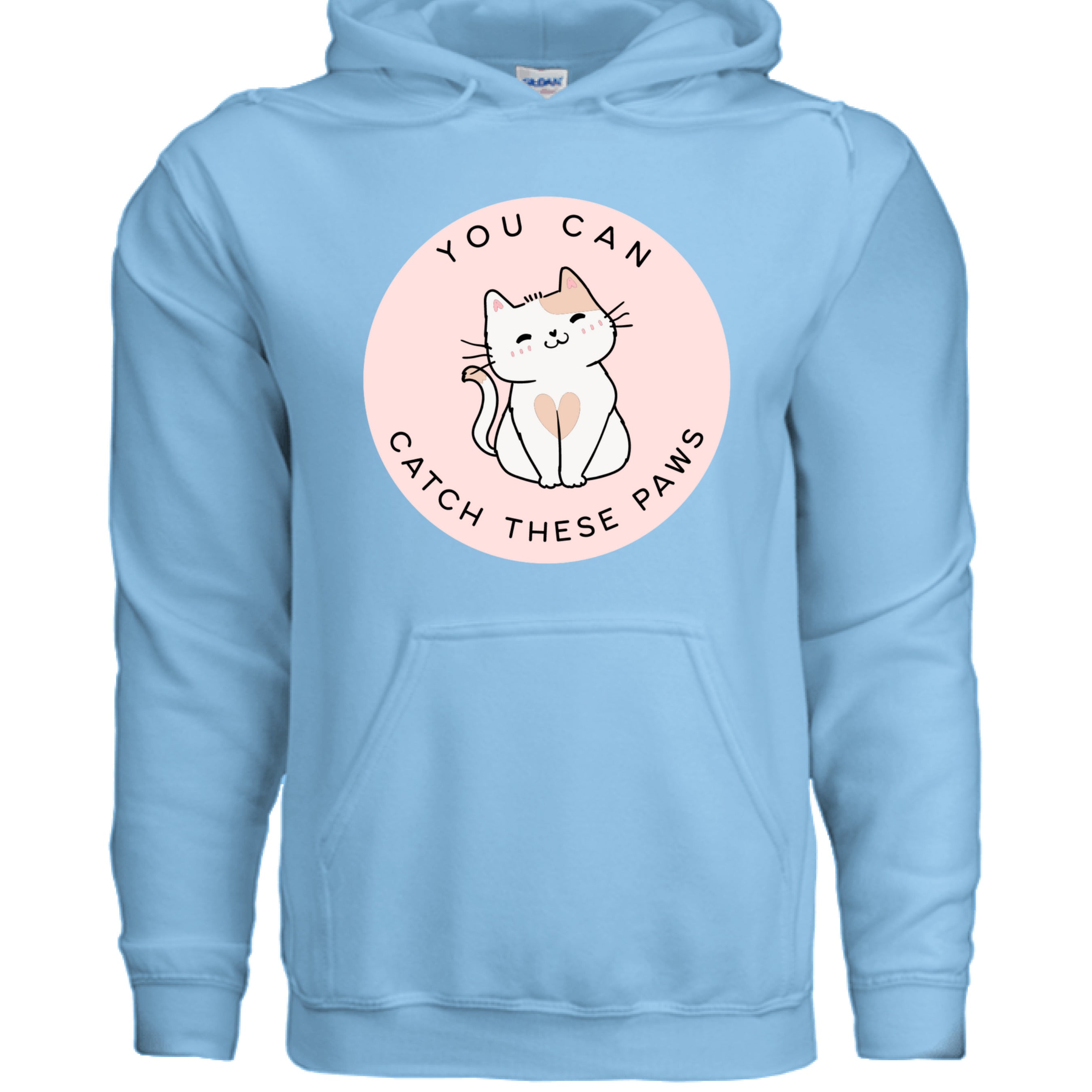 SKY - FRONT / Cozy cat-themed hoodie featuring a playful smiling cat and the phrase “You Can Catch These Paws” — perfect gift for fun-loving cat owners | Kitty Crush