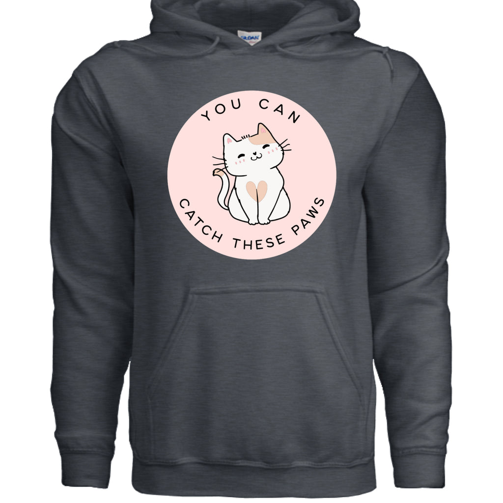 DARK HEATHER - FRONT / Cozy cat-themed hoodie featuring a playful smiling cat and the phrase “You Can Catch These Paws” — perfect gift for fun-loving cat owners | Kitty Crush