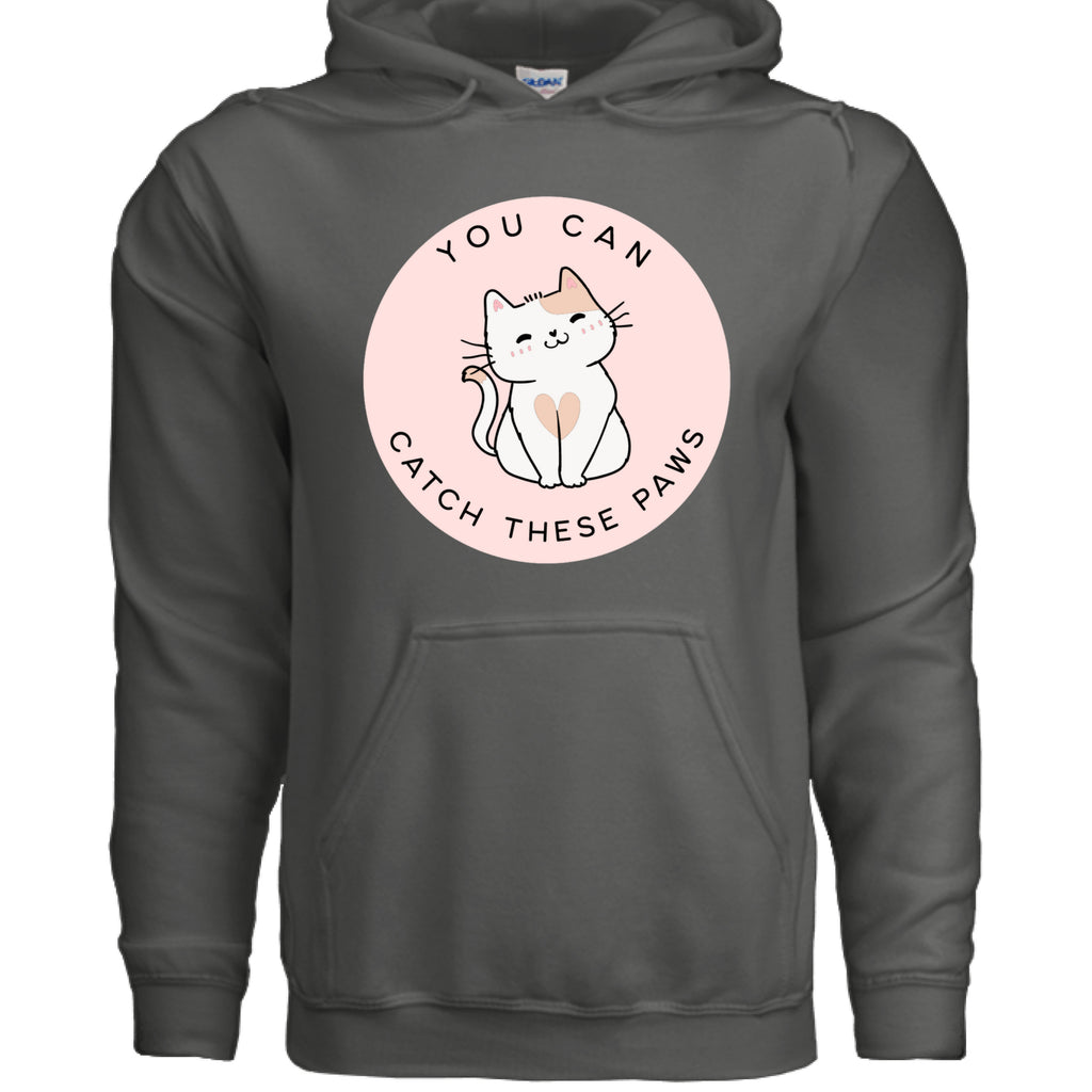 CHARCOAL - FRONT / Cozy cat-themed hoodie featuring a playful smiling cat and the phrase “You Can Catch These Paws” — perfect gift for fun-loving cat owners | Kitty Crush