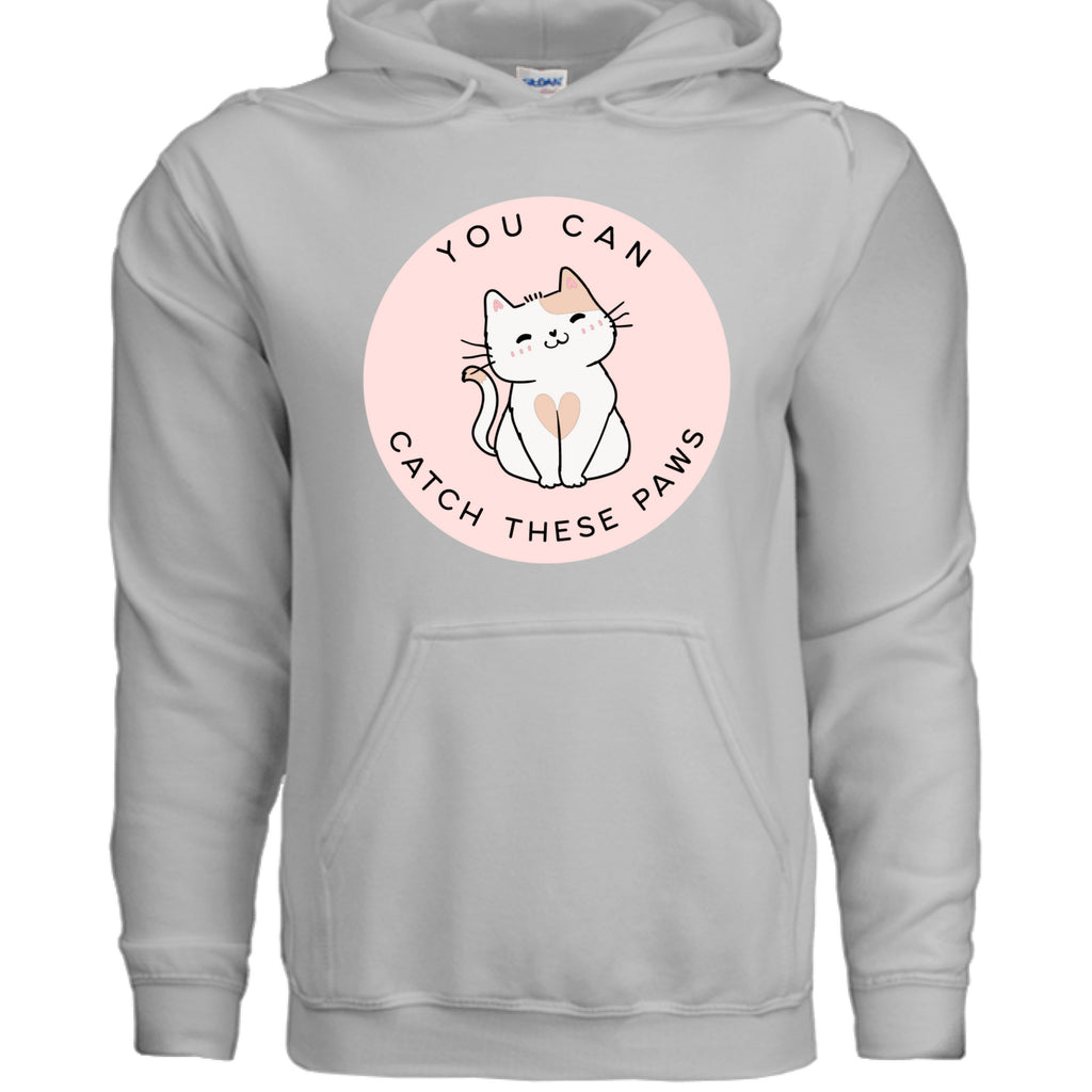 CEMENT - FRONT / Cozy cat-themed hoodie featuring a playful smiling cat and the phrase “You Can Catch These Paws” — perfect gift for fun-loving cat owners | Kitty Crush