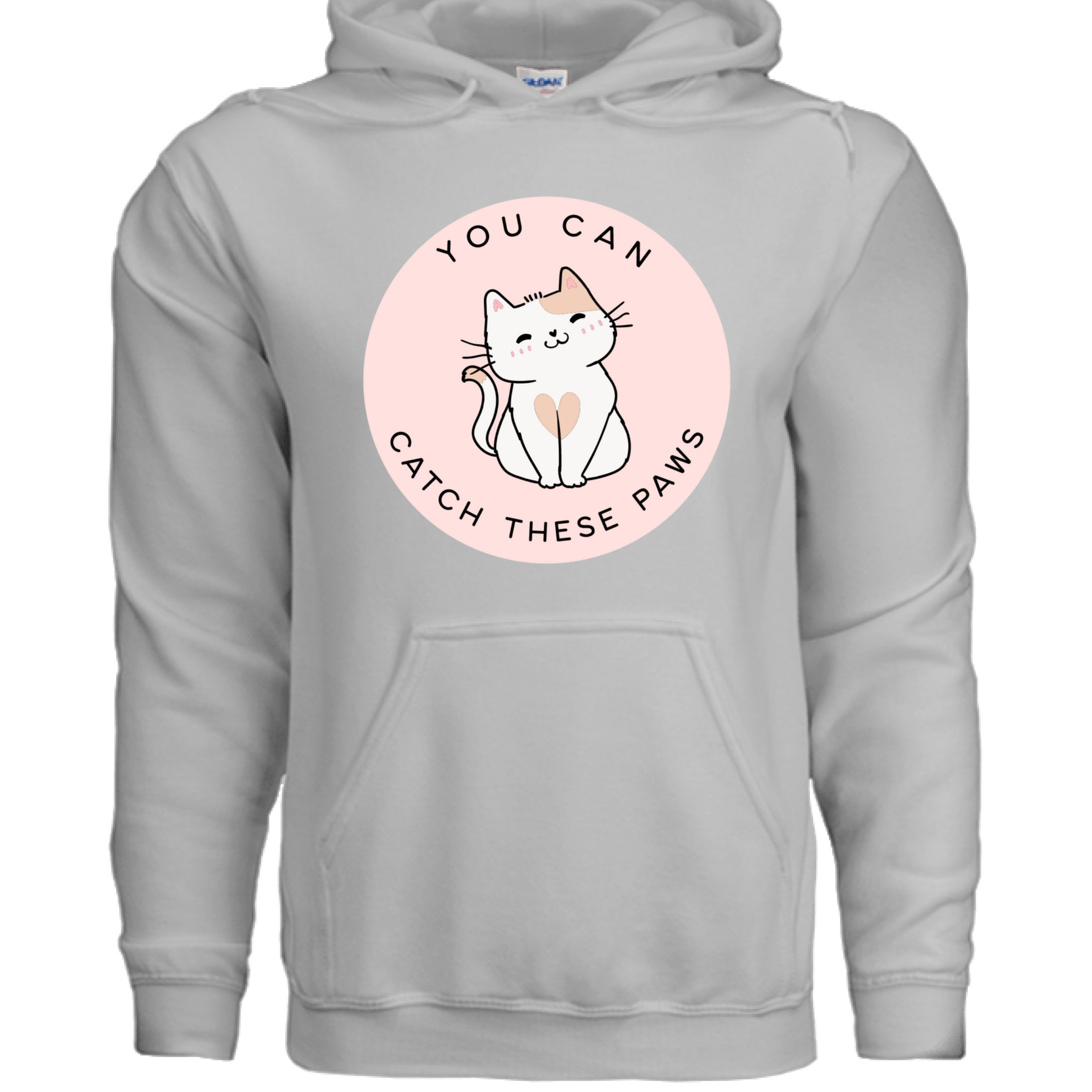 CEMENT - FRONT / Cozy cat-themed hoodie featuring a playful smiling cat and the phrase “You Can Catch These Paws” — perfect gift for fun-loving cat owners | Kitty Crush