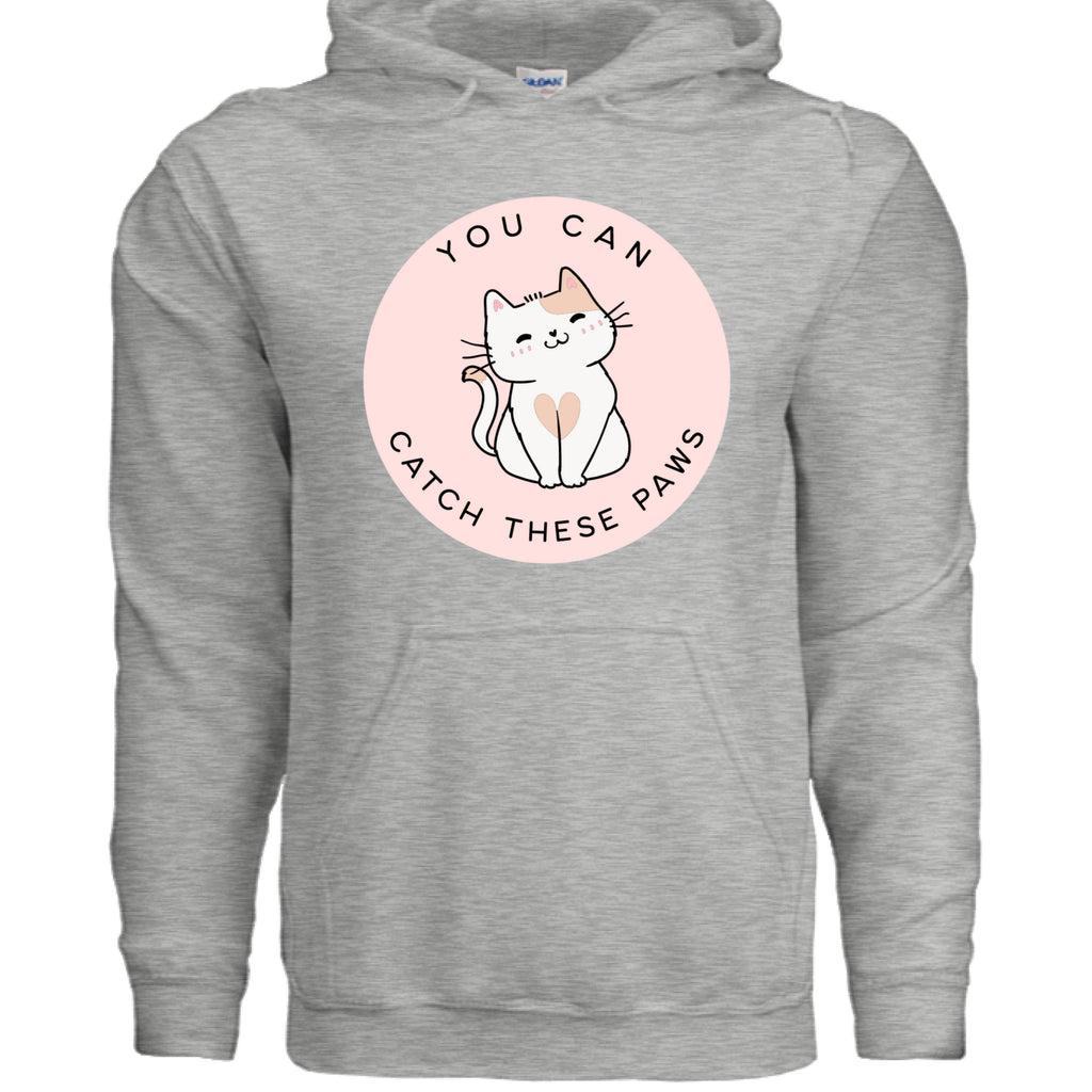 Ash Grey - FRONT / Cozy cat-themed hoodie featuring a playful smiling cat and the phrase “You Can Catch These Paws” — perfect gift for fun-loving cat owners | Kitty Crush