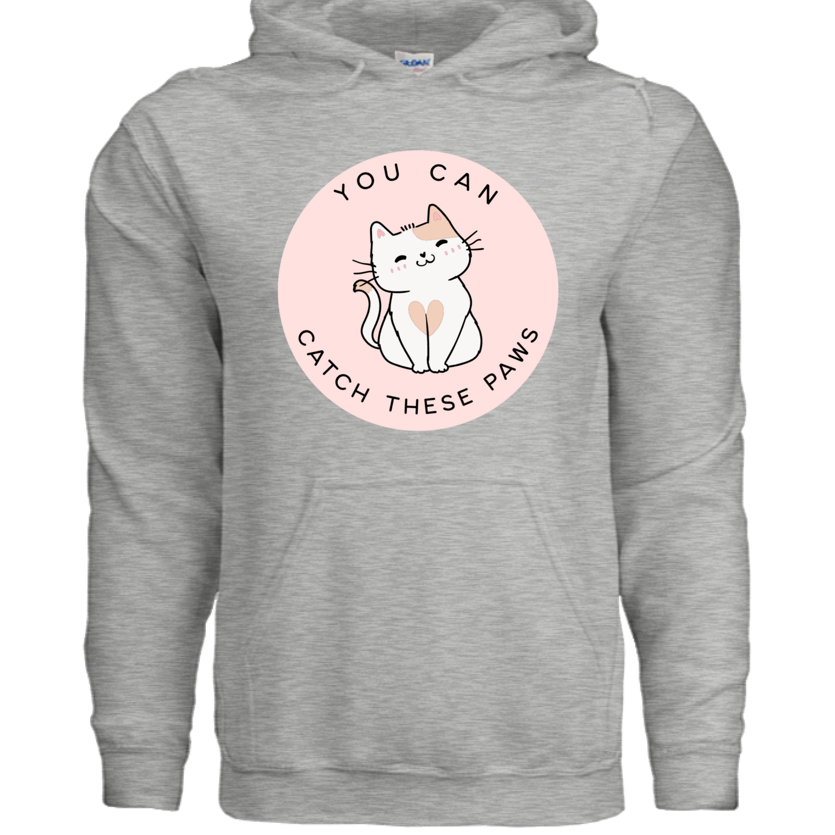 Ash Grey - FRONT / Cozy cat-themed hoodie featuring a playful smiling cat and the phrase “You Can Catch These Paws” — perfect gift for fun-loving cat owners | Kitty Crush