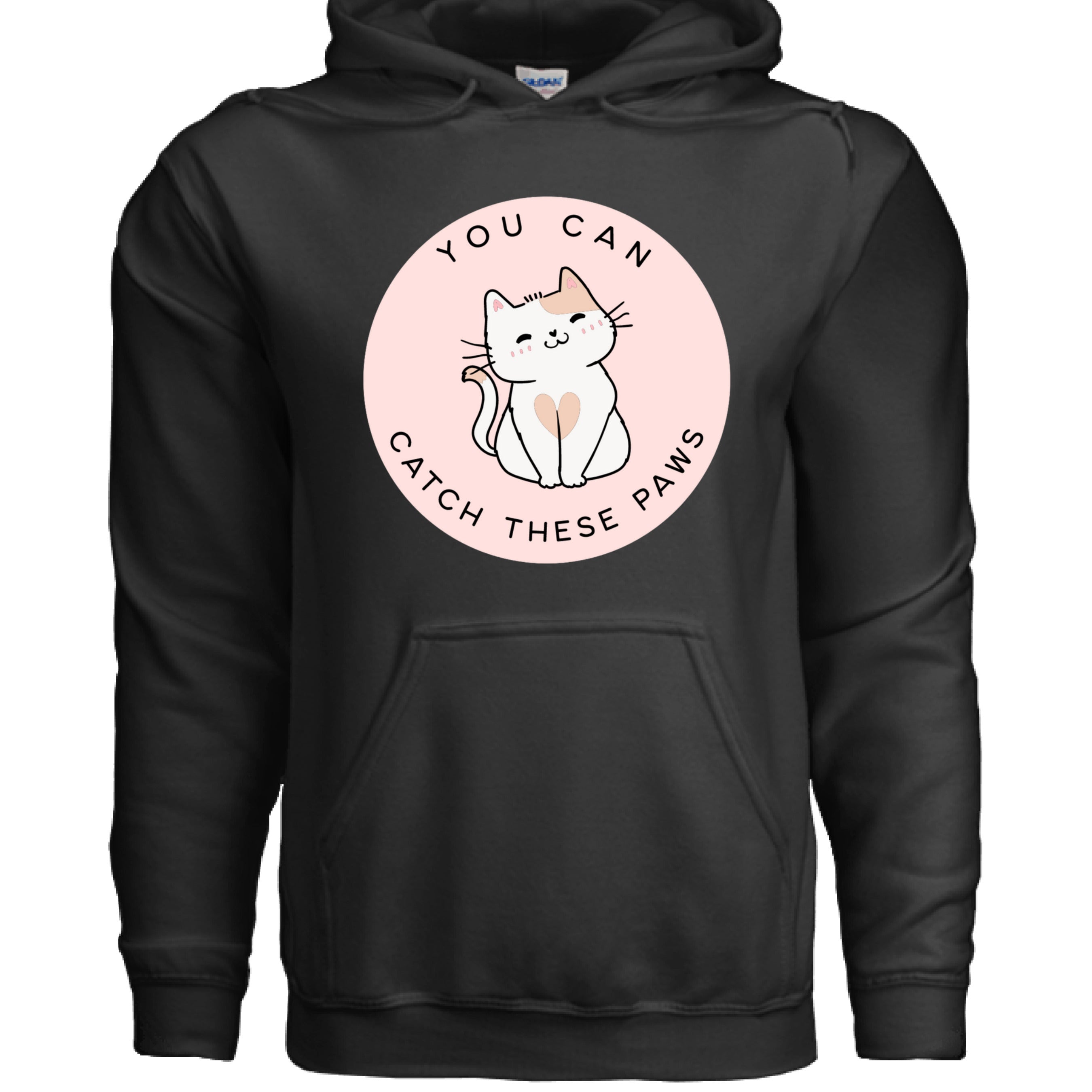 BLACK - FRONT / Cozy cat-themed hoodie featuring a playful smiling cat and the phrase “You Can Catch These Paws” — perfect gift for fun-loving cat owners | Kitty Crush