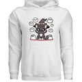 WHITE - FRONT / Soft cat hoodie featuring a dark gray cat surrounded by friendly ghosts — a spooky-cute Halloween design for cat lovers | Kitty Crush
