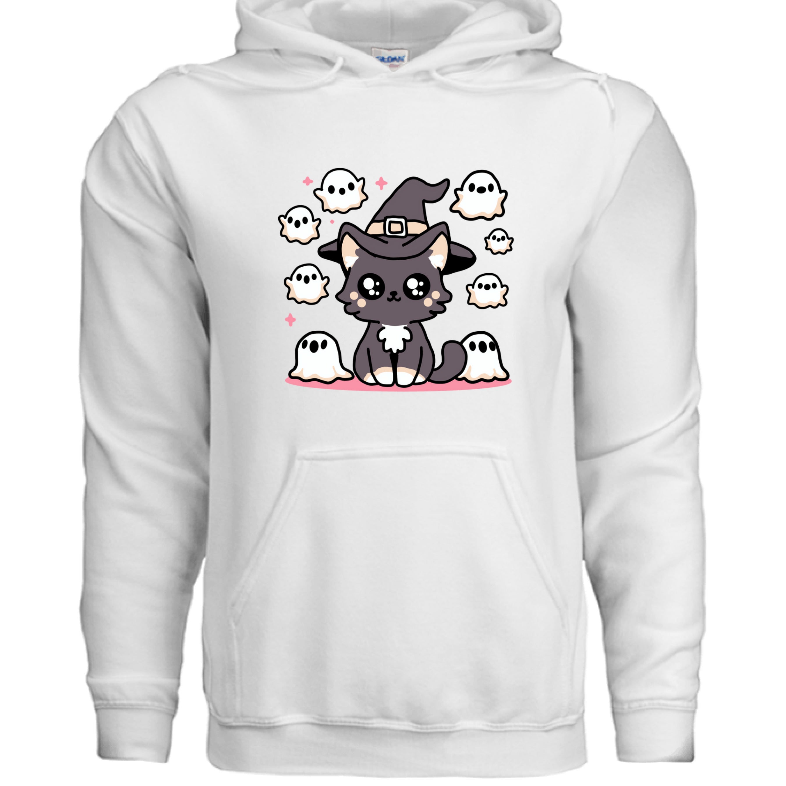 WHITE - FRONT / Soft cat hoodie featuring a dark gray cat surrounded by friendly ghosts — a spooky-cute Halloween design for cat lovers | Kitty Crush
