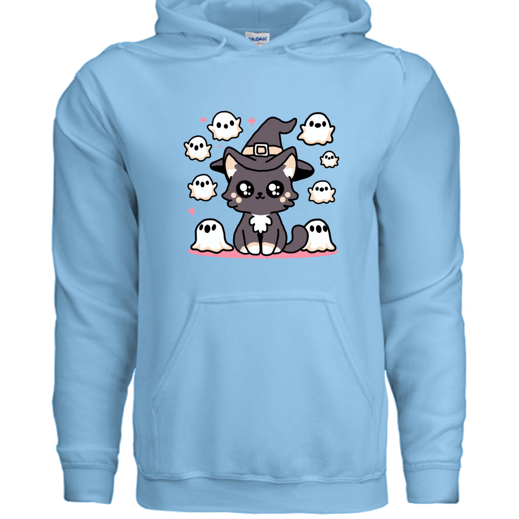SKY - FRONT / Soft cat hoodie featuring a dark gray cat surrounded by friendly ghosts — a spooky-cute Halloween design for cat lovers | Kitty Crush
