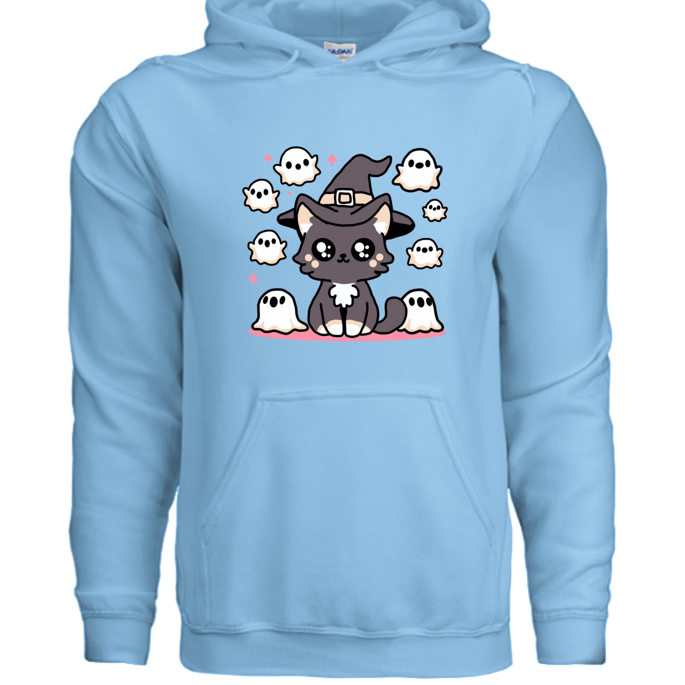SKY - FRONT / Soft cat hoodie featuring a dark gray cat surrounded by friendly ghosts — a spooky-cute Halloween design for cat lovers | Kitty Crush
