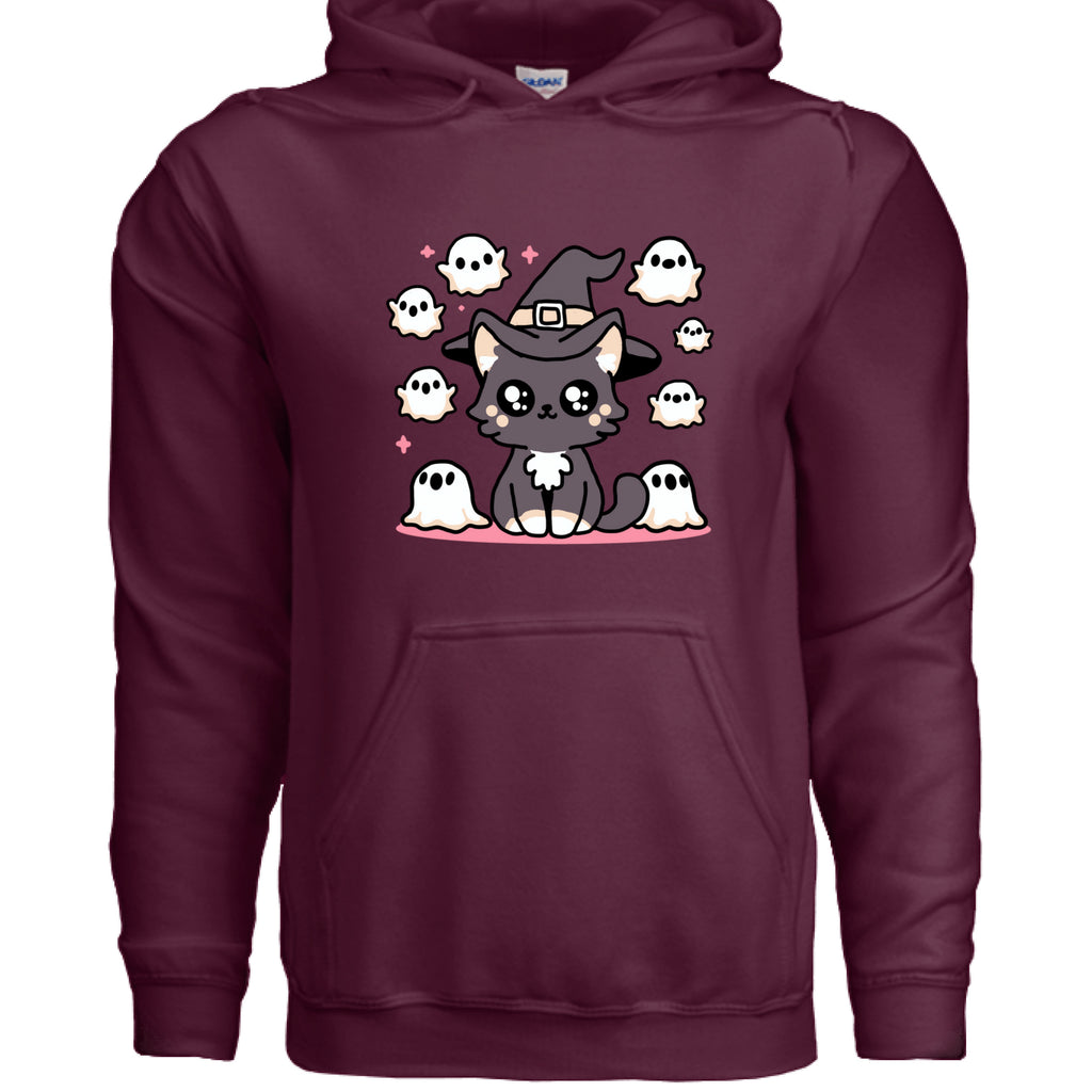 MAROON - FRONT / Soft cat hoodie featuring a dark gray cat surrounded by friendly ghosts — a spooky-cute Halloween design for cat lovers | Kitty Crush
