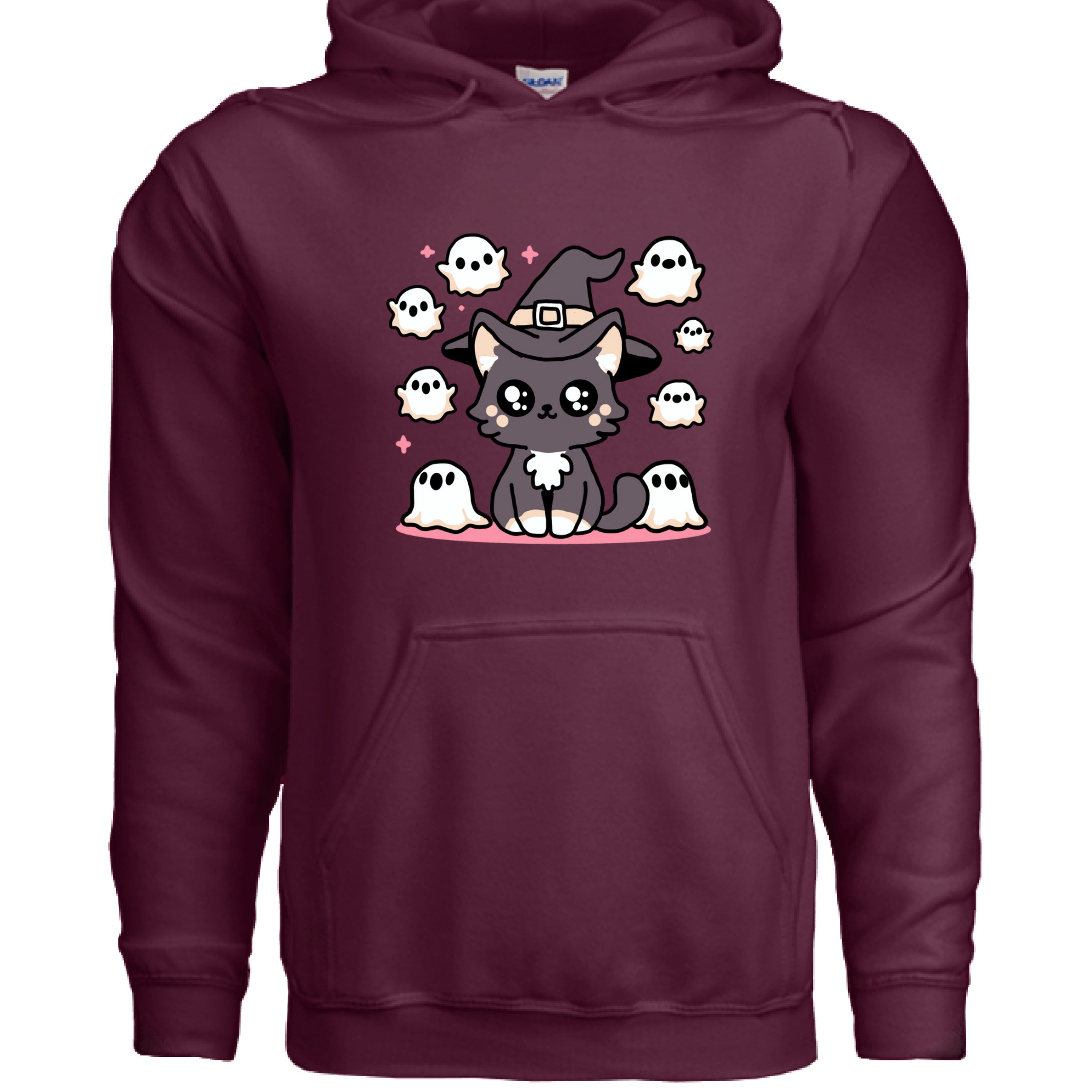 MAROON - FRONT / Soft cat hoodie featuring a dark gray cat surrounded by friendly ghosts — a spooky-cute Halloween design for cat lovers | Kitty Crush
