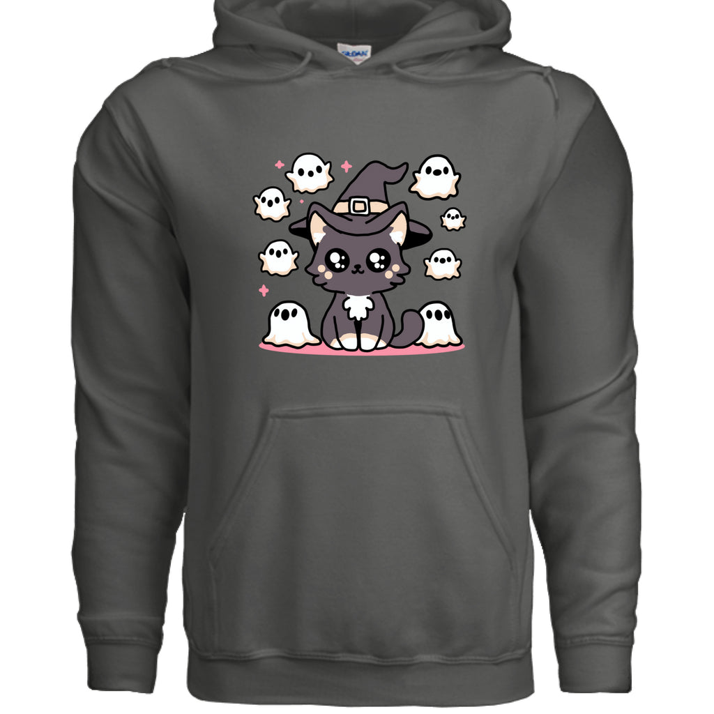 CHARCOAL - FRONT / Soft cat hoodie featuring a dark gray cat surrounded by friendly ghosts — a spooky-cute Halloween design for cat lovers | Kitty Crush
