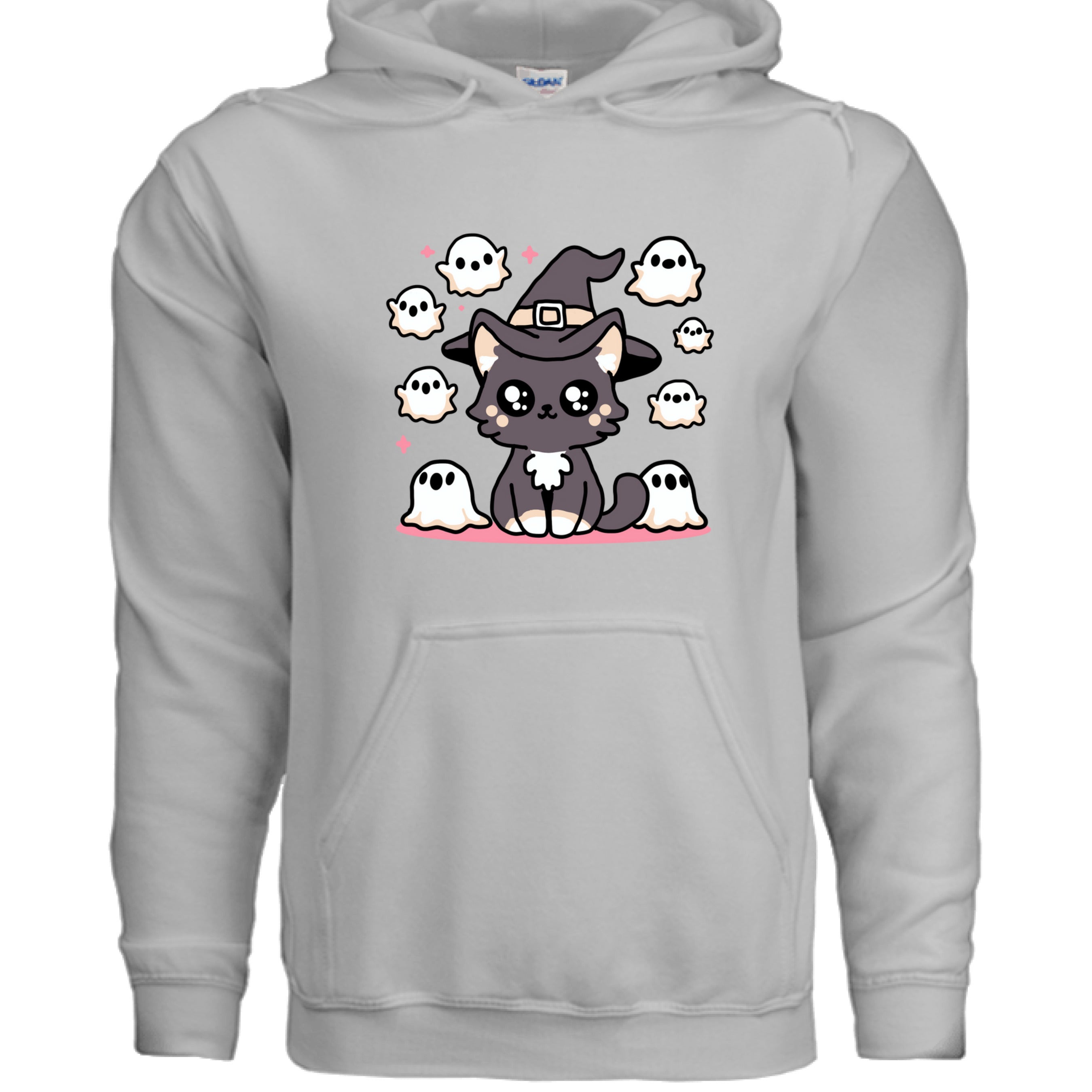 CEMENT - FRONT / Soft cat hoodie featuring a dark gray cat surrounded by friendly ghosts — a spooky-cute Halloween design for cat lovers | Kitty Crush
