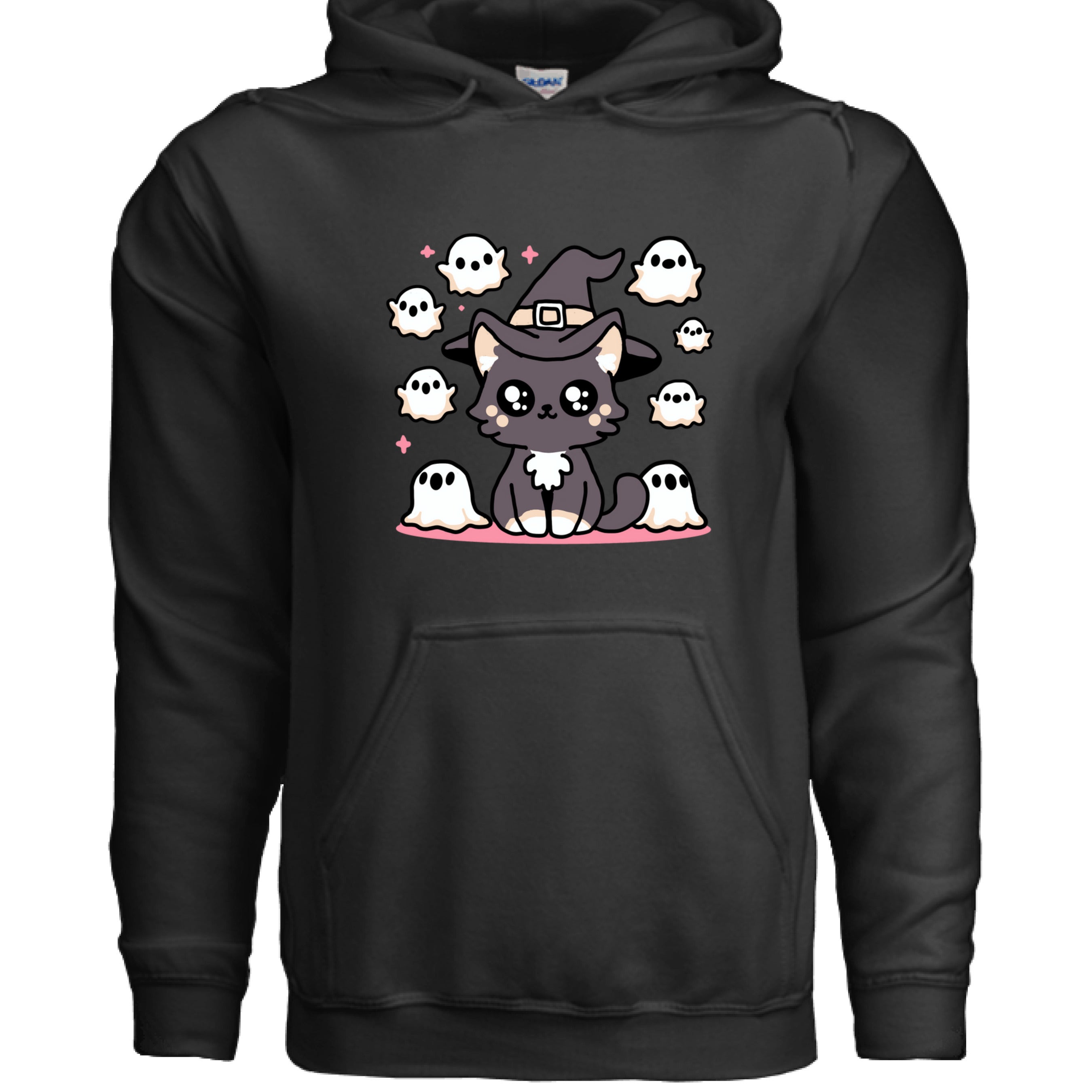 BLACK - FRONT / Soft cat hoodie featuring a dark gray cat surrounded by friendly ghosts — a spooky-cute Halloween design for cat lovers | Kitty Crush
