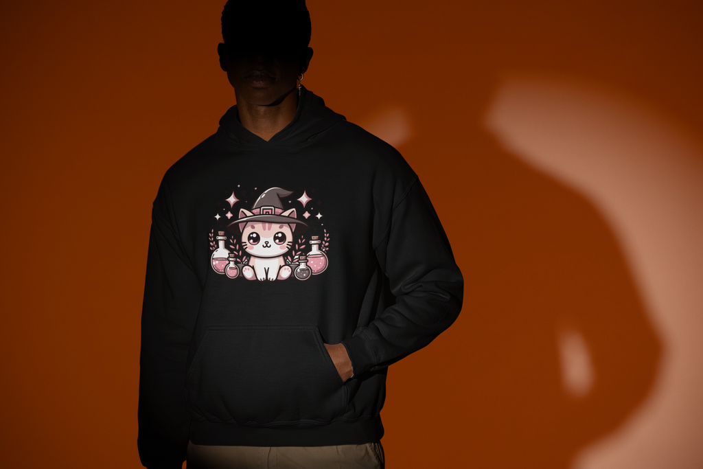 Cozy hoodie featuring a magical cat surrounded by potion bottles — perfect for cat lovers who adore mystical, witchy designs.
