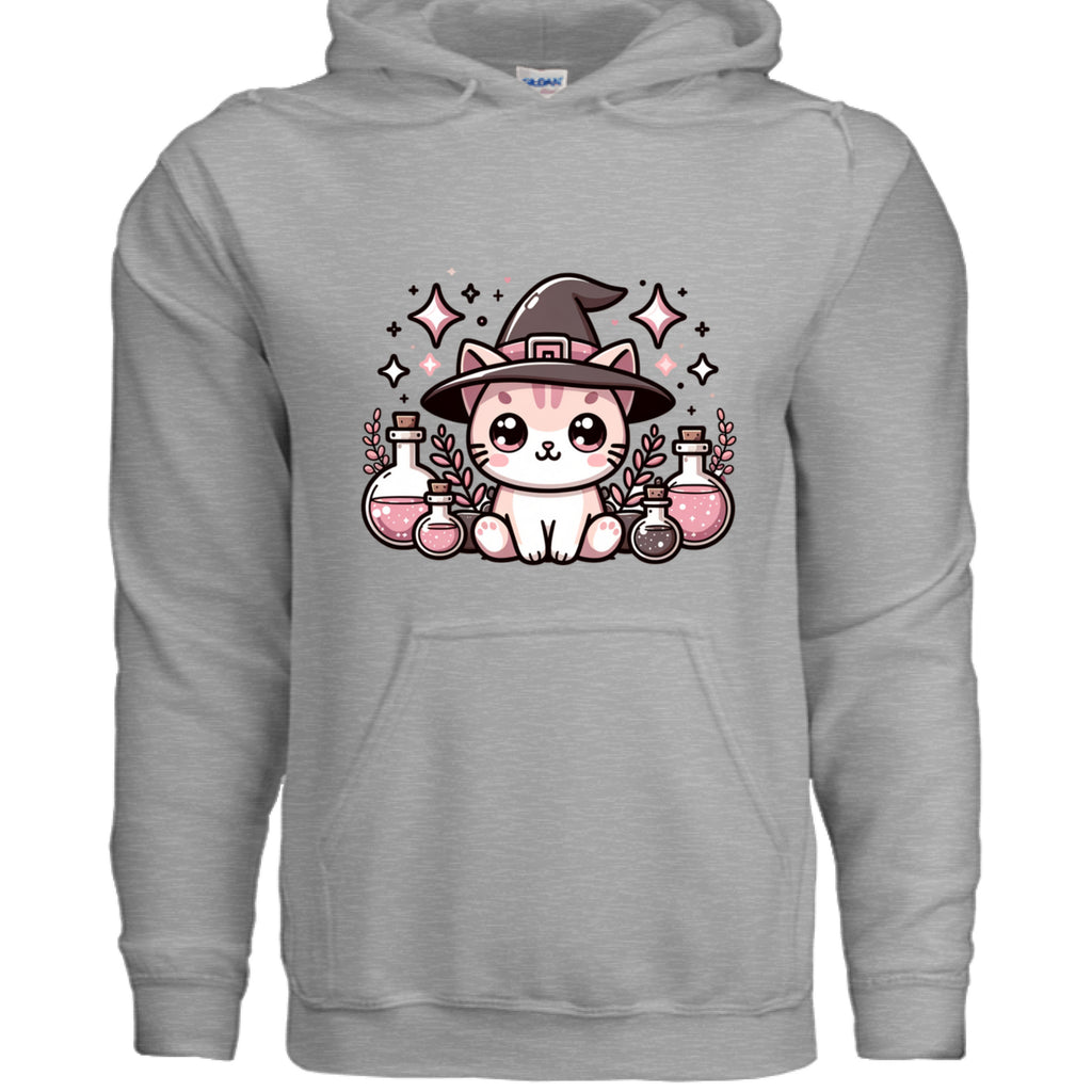 SPORT GREY - FRONT / Cozy hoodie featuring a magical cat surrounded by potion bottles — perfect for cat lovers who adore mystical, witchy designs.
