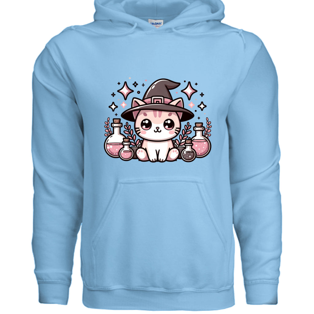 SKY - FRONT / Cozy hoodie featuring a magical cat surrounded by potion bottles — perfect for cat lovers who adore mystical, witchy designs.
