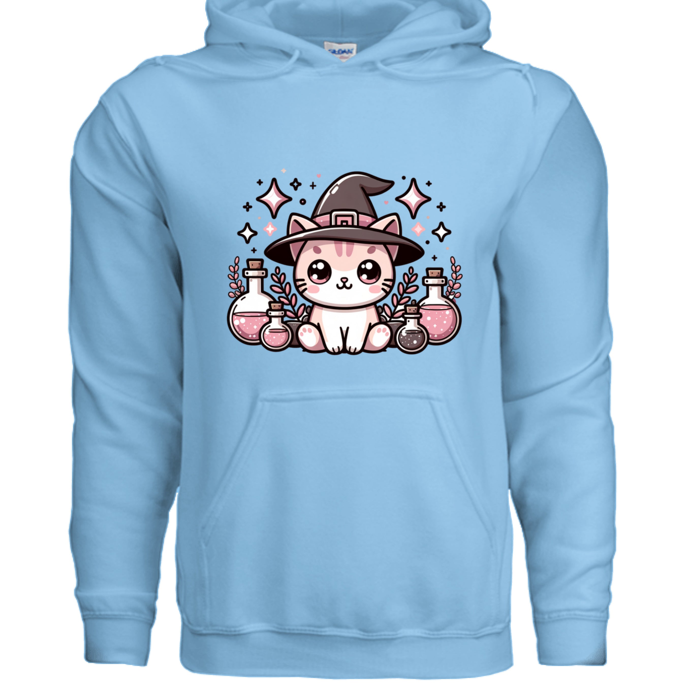 SKY - FRONT / Cozy hoodie featuring a magical cat surrounded by potion bottles — perfect for cat lovers who adore mystical, witchy designs.
