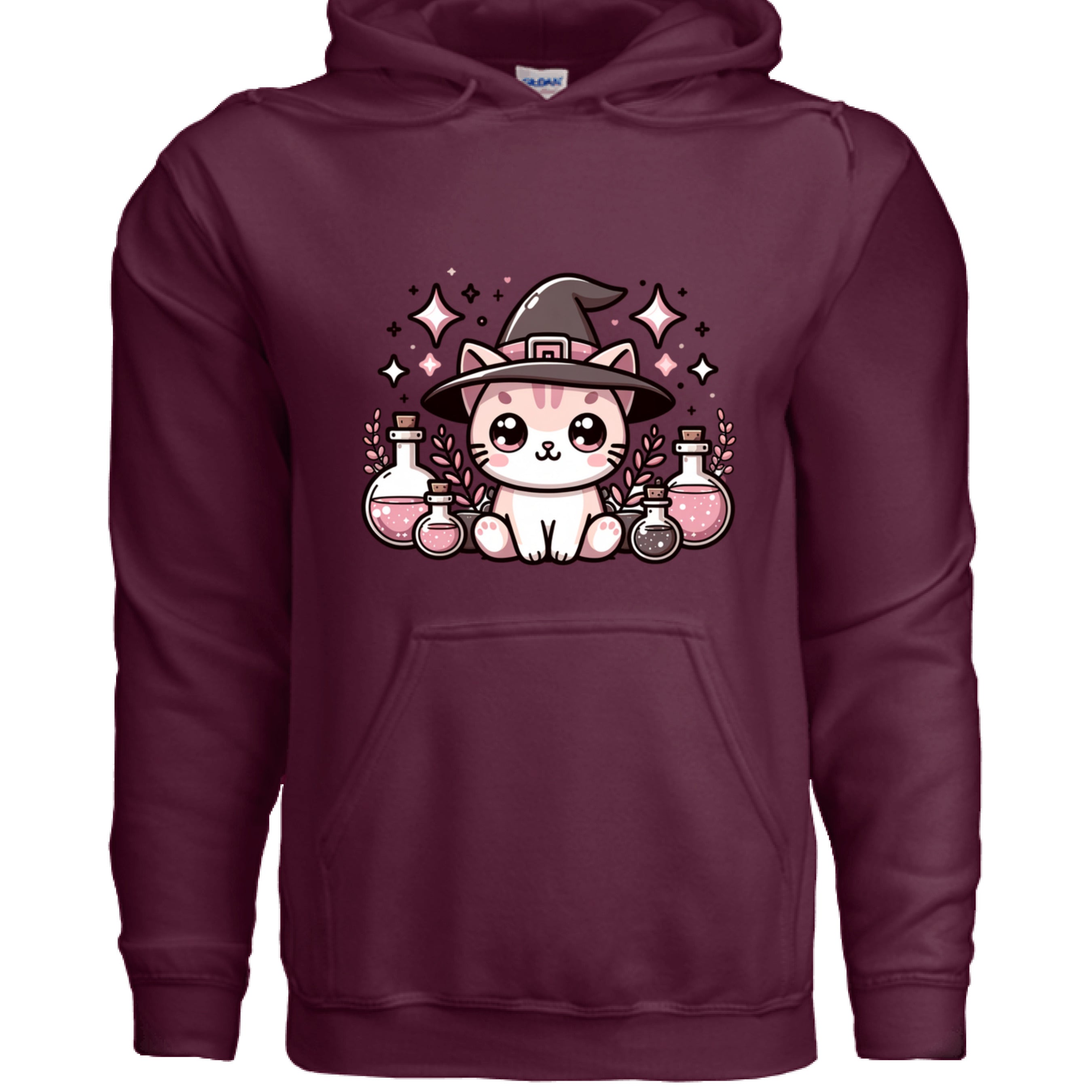 MAROON - FRONT / Cozy hoodie featuring a magical cat surrounded by potion bottles — perfect for cat lovers who adore mystical, witchy designs.
