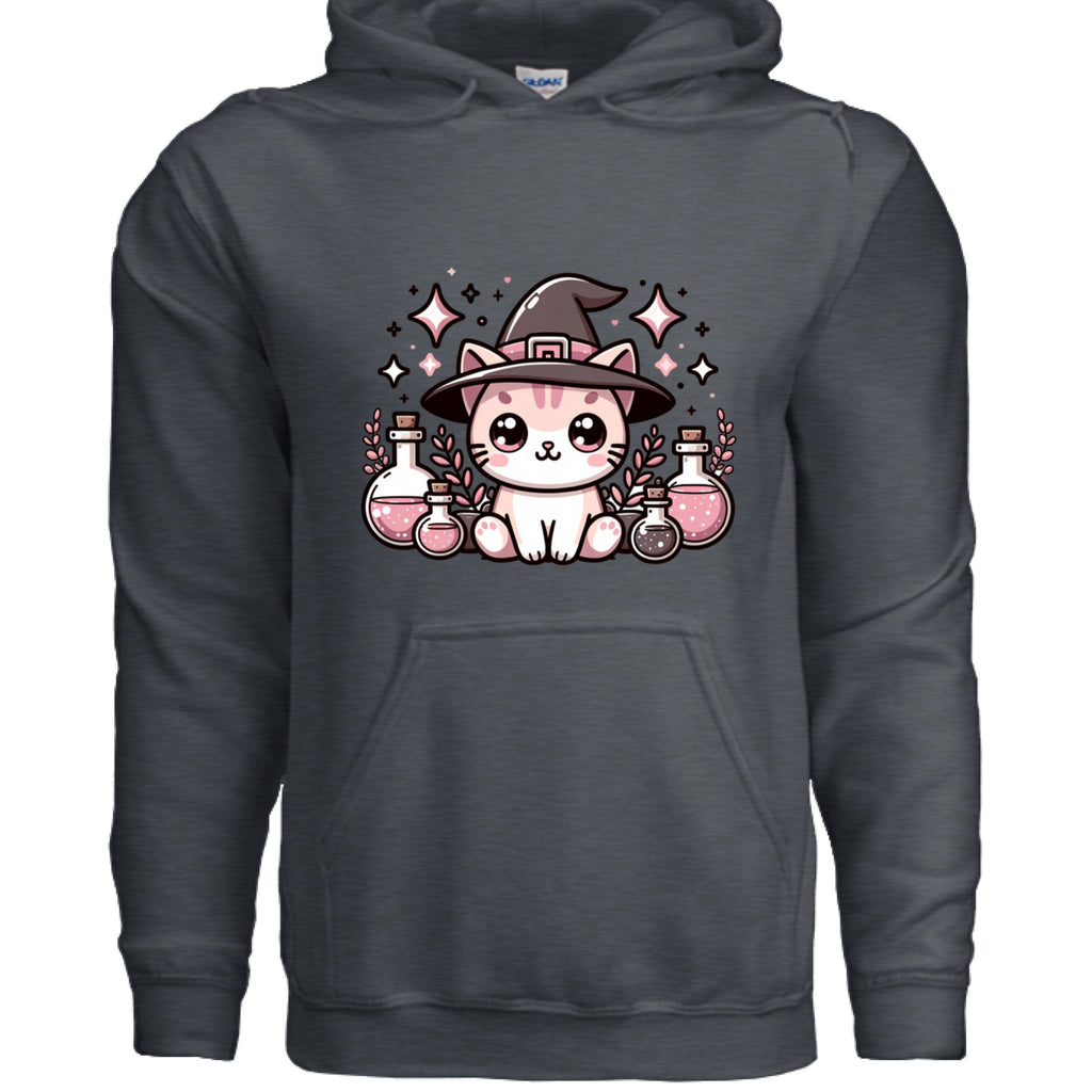 DARK HEATHER - FRONT / Cozy hoodie featuring a magical cat surrounded by potion bottles — perfect for cat lovers who adore mystical, witchy designs.
