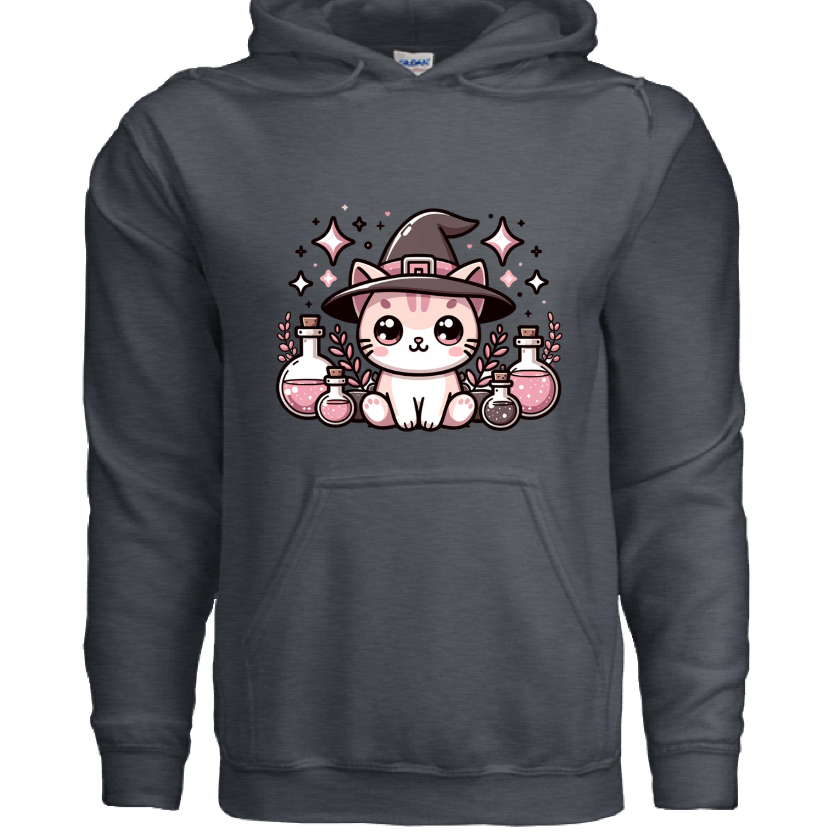 DARK HEATHER - FRONT / Cozy hoodie featuring a magical cat surrounded by potion bottles — perfect for cat lovers who adore mystical, witchy designs.
