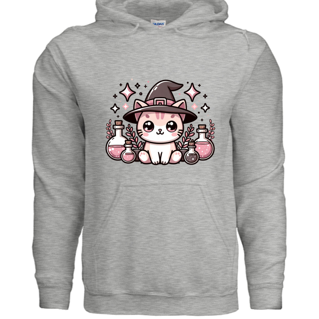 Ash Grey - FRONT / Cozy hoodie featuring a magical cat surrounded by potion bottles — perfect for cat lovers who adore mystical, witchy designs.
