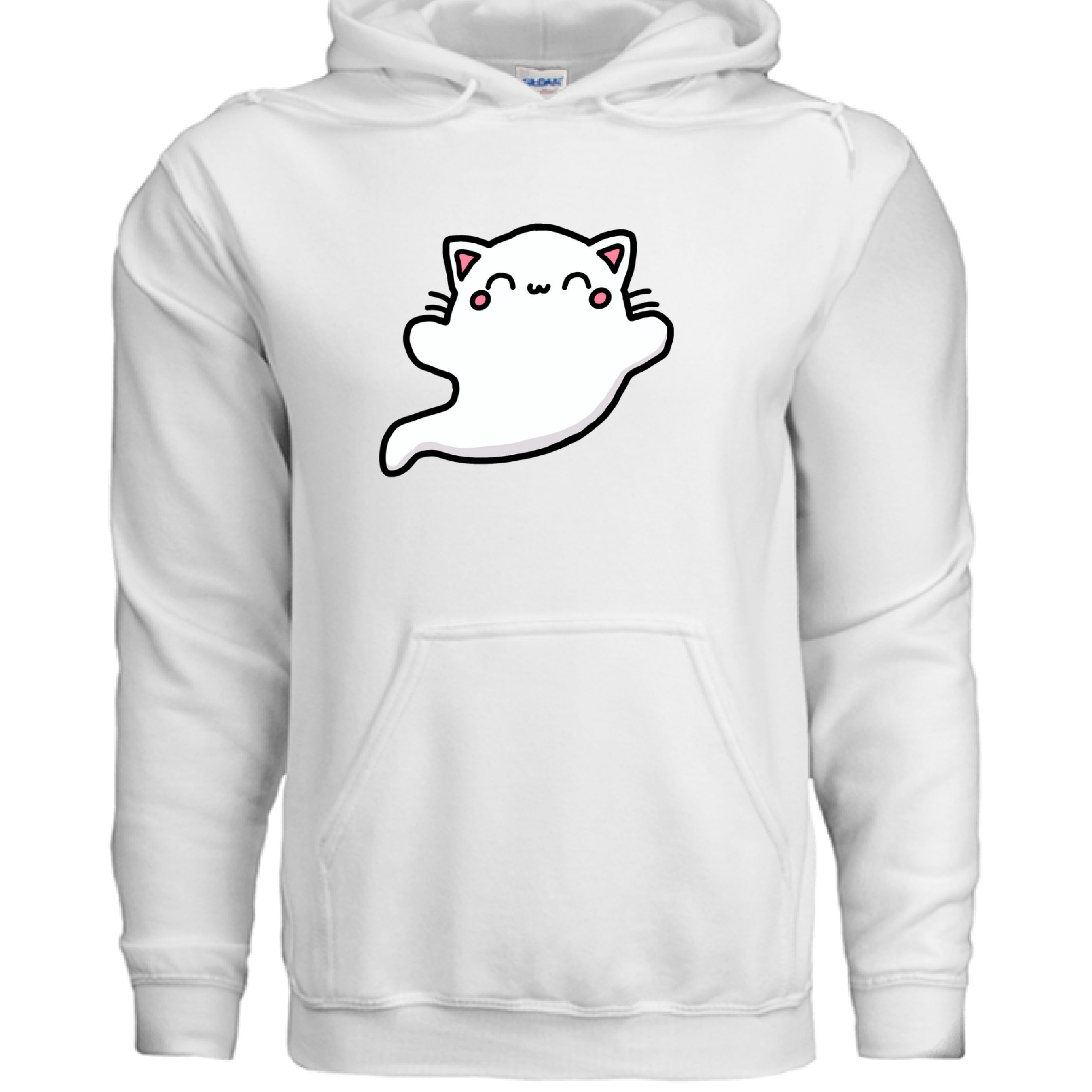 WHITE - FRONT / Soft ring-spun cotton hoodie featuring a spooky ghost cat — a fun Halloween hoodie for cat owners | Kitty Crush