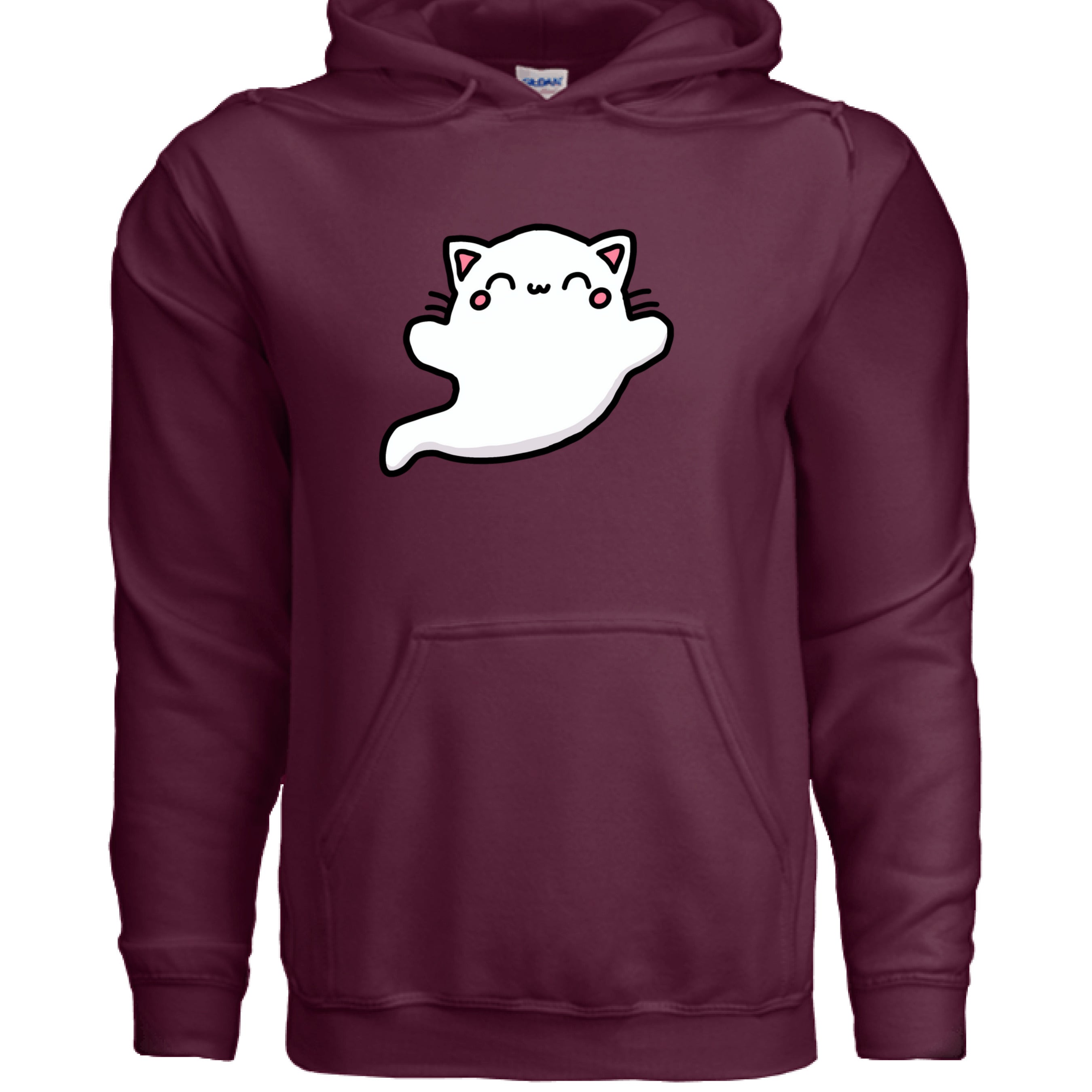 MAROON - FRONT / Soft ring-spun cotton hoodie featuring a spooky ghost cat — a fun Halloween hoodie for cat owners | Kitty Crush
