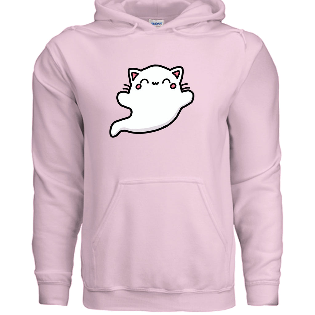 LIGHT PINK - FRONT / Soft ring-spun cotton hoodie featuring a spooky ghost cat — a fun Halloween hoodie for cat owners | Kitty Crush