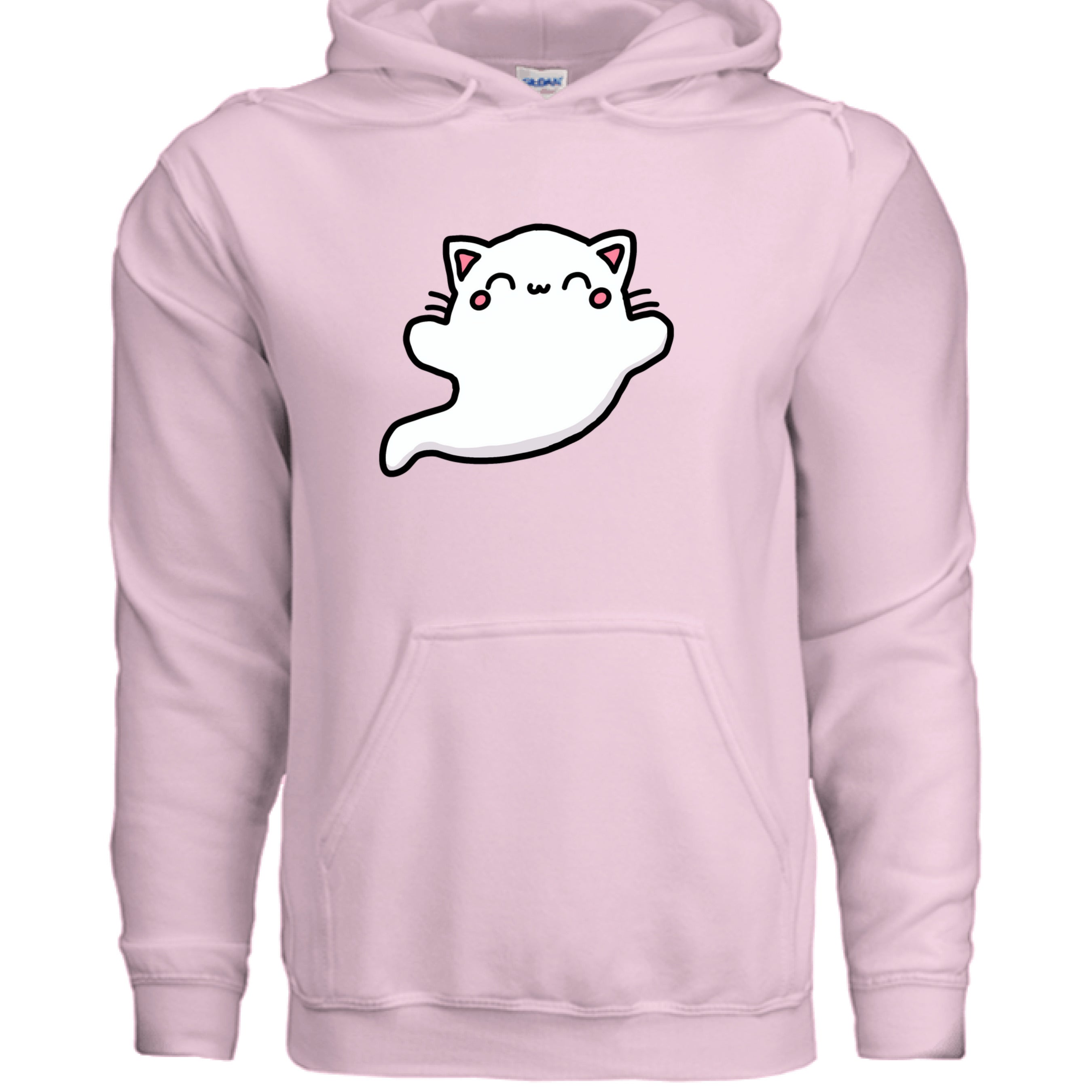 LIGHT PINK - FRONT / Soft ring-spun cotton hoodie featuring a spooky ghost cat — a fun Halloween hoodie for cat owners | Kitty Crush